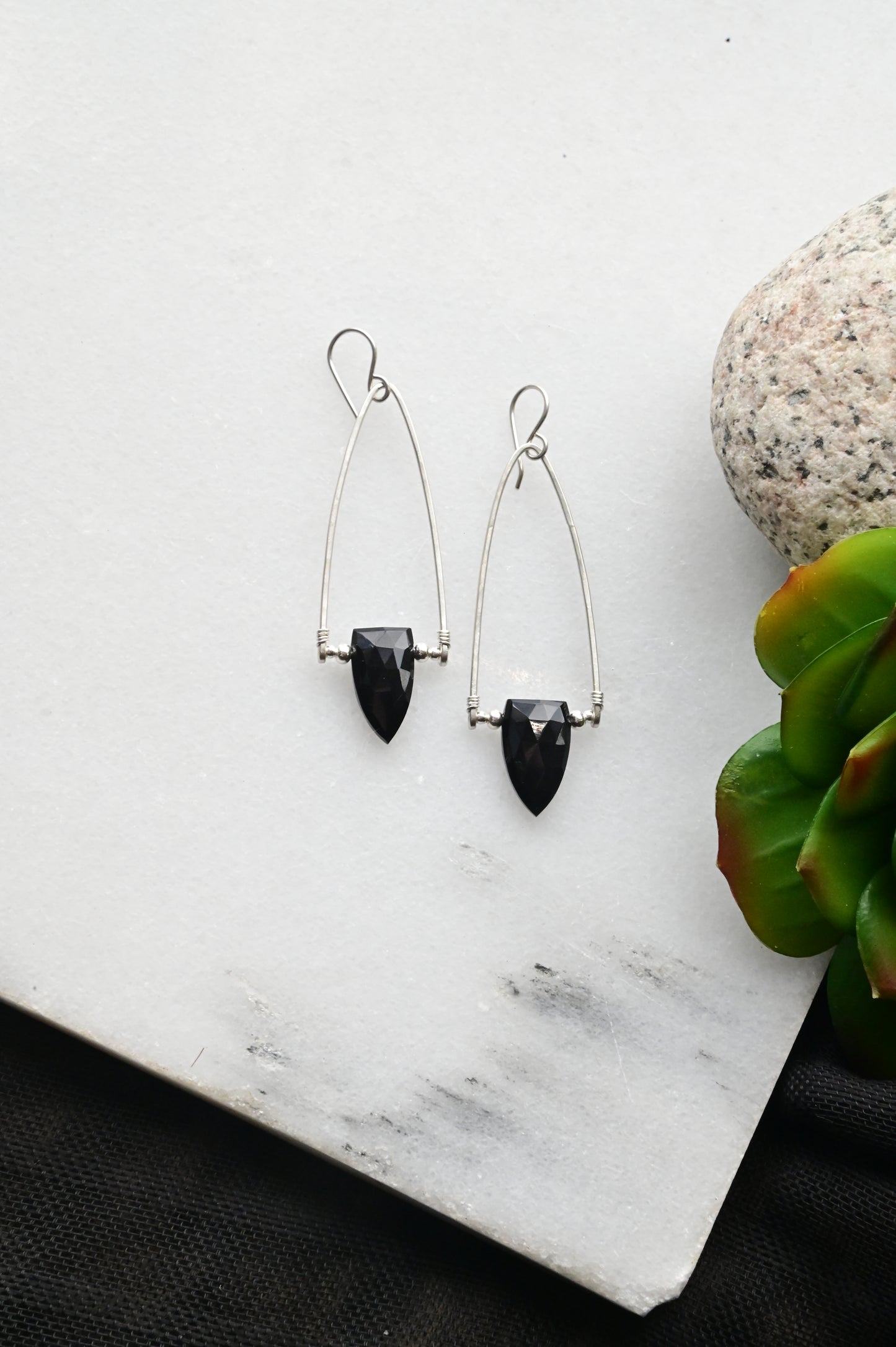 Hammered Hoops: Black Onyx + Silver Earrings