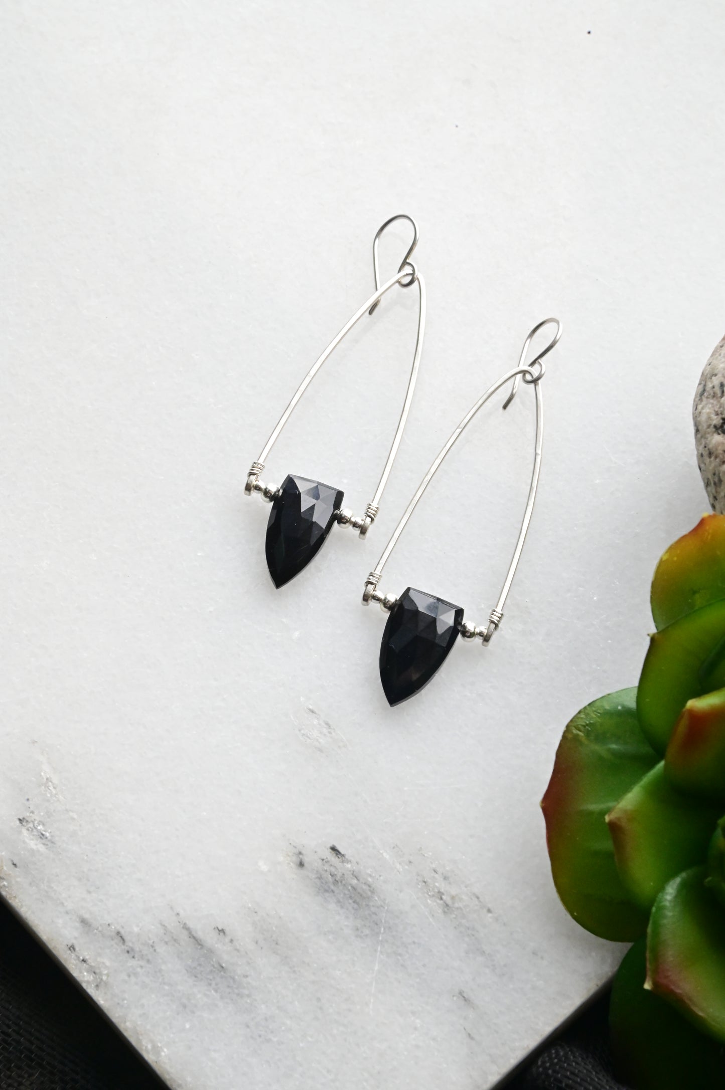 Hammered Hoops: Black Onyx + Silver Earrings