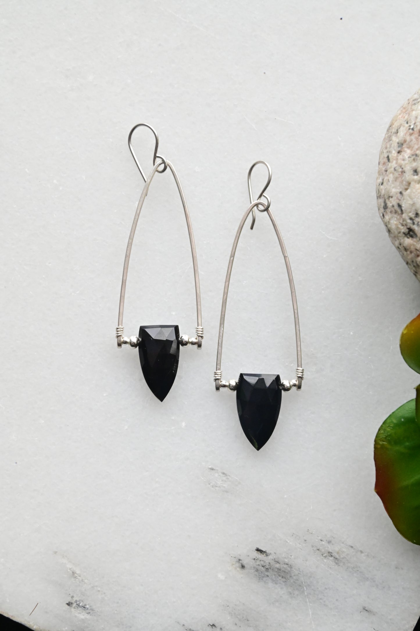 Hammered Hoops: Black Onyx + Silver Earrings