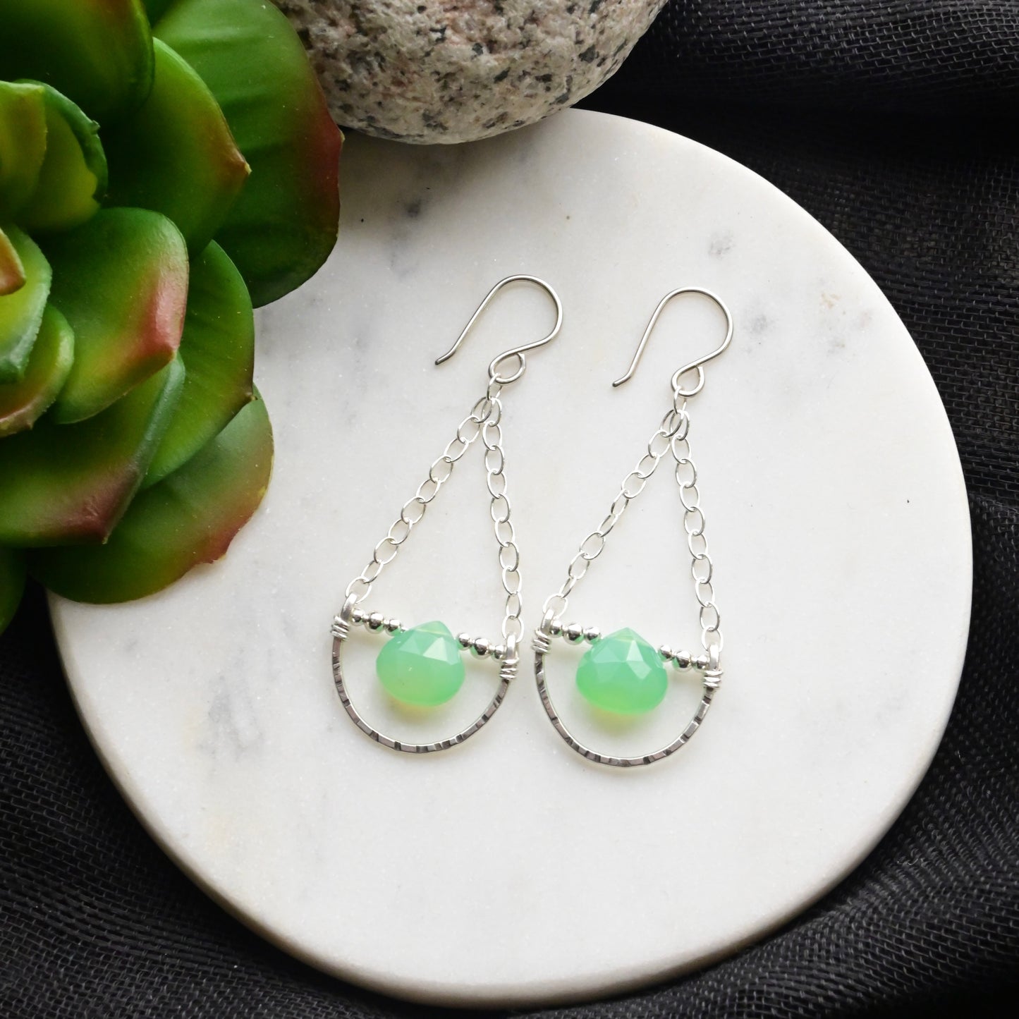 Hammered Hoops: Chrysoprase + Silver Earrings