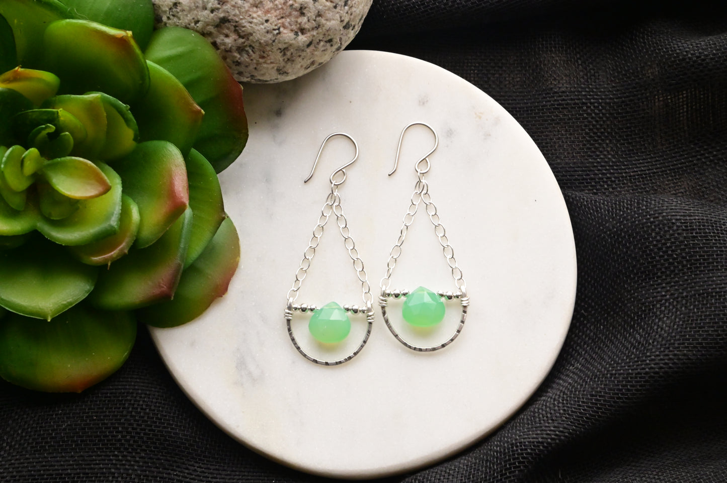Hammered Hoops: Chrysoprase + Silver Earrings