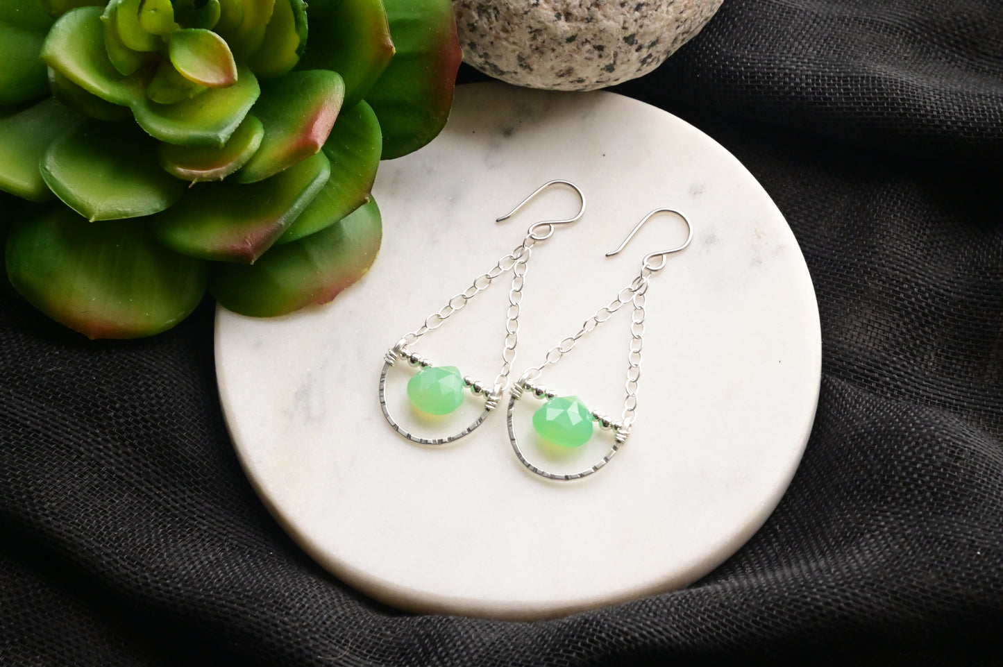 Hammered Hoops: Chrysoprase + Silver Earrings