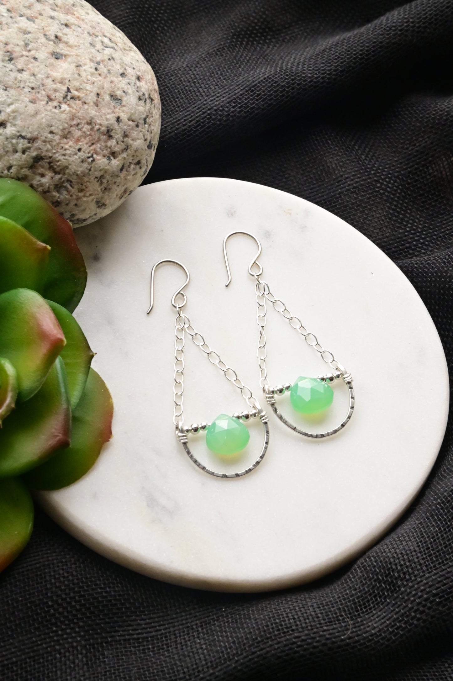 Hammered Hoops: Chrysoprase + Silver Earrings