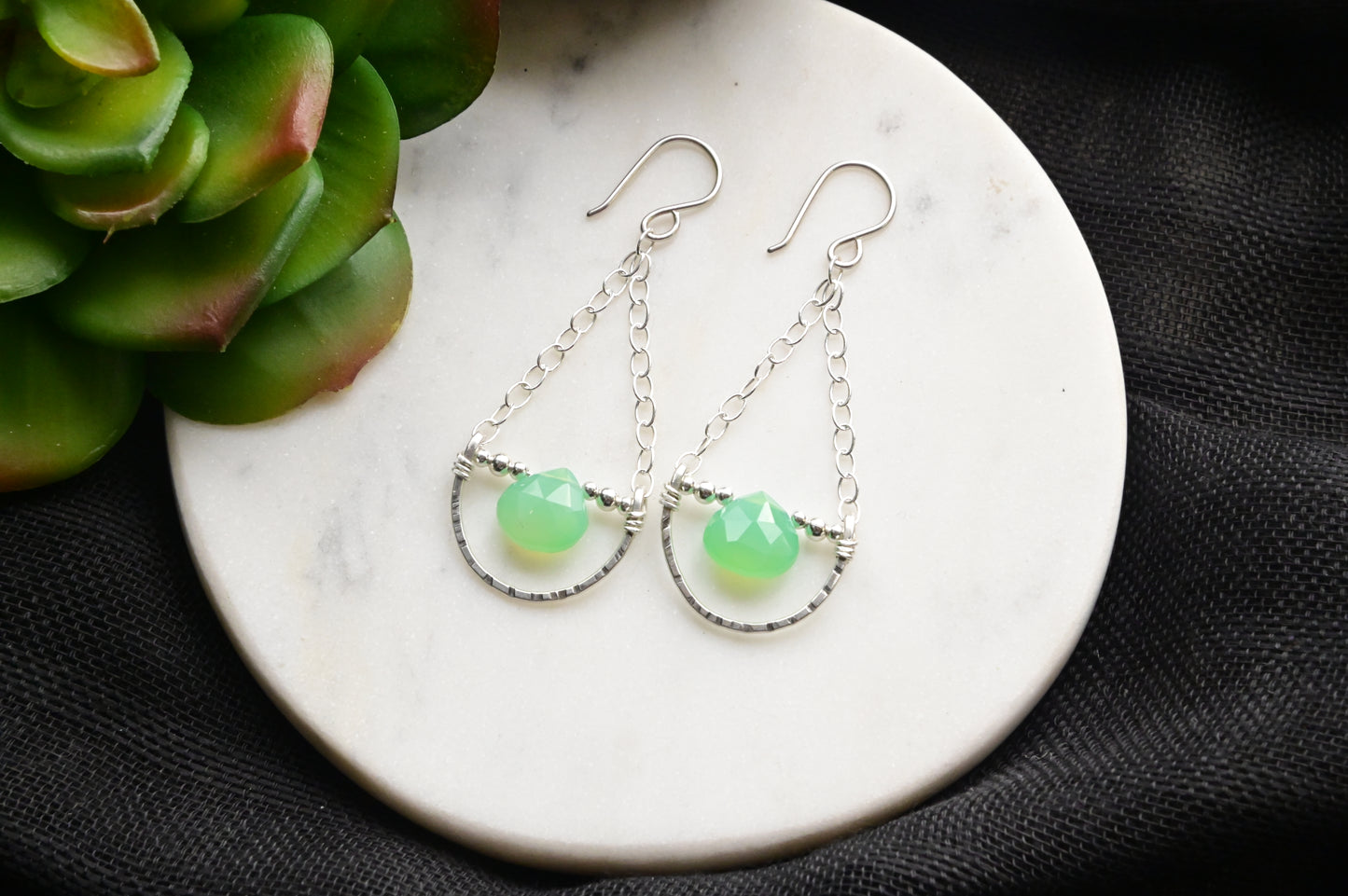 Hammered Hoops: Chrysoprase + Silver Earrings