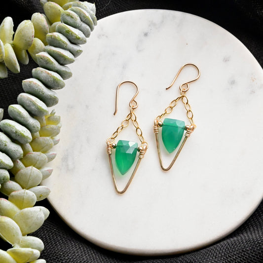 Hammered Hoops: Green Onyx + Gold Earrings