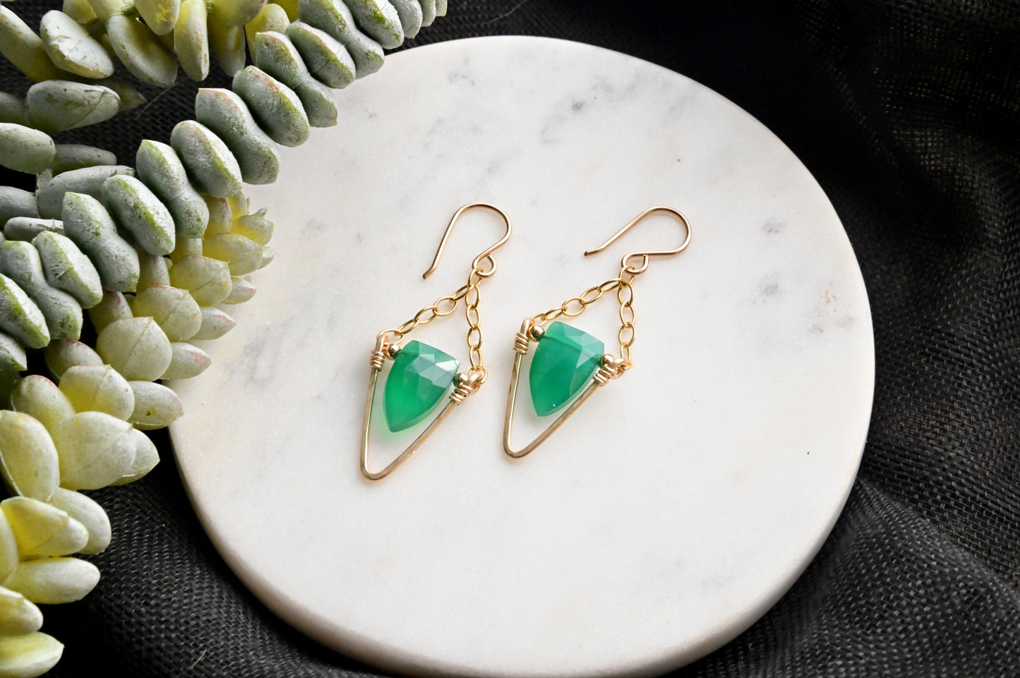 Hammered Hoops: Green Onyx + Gold Earrings