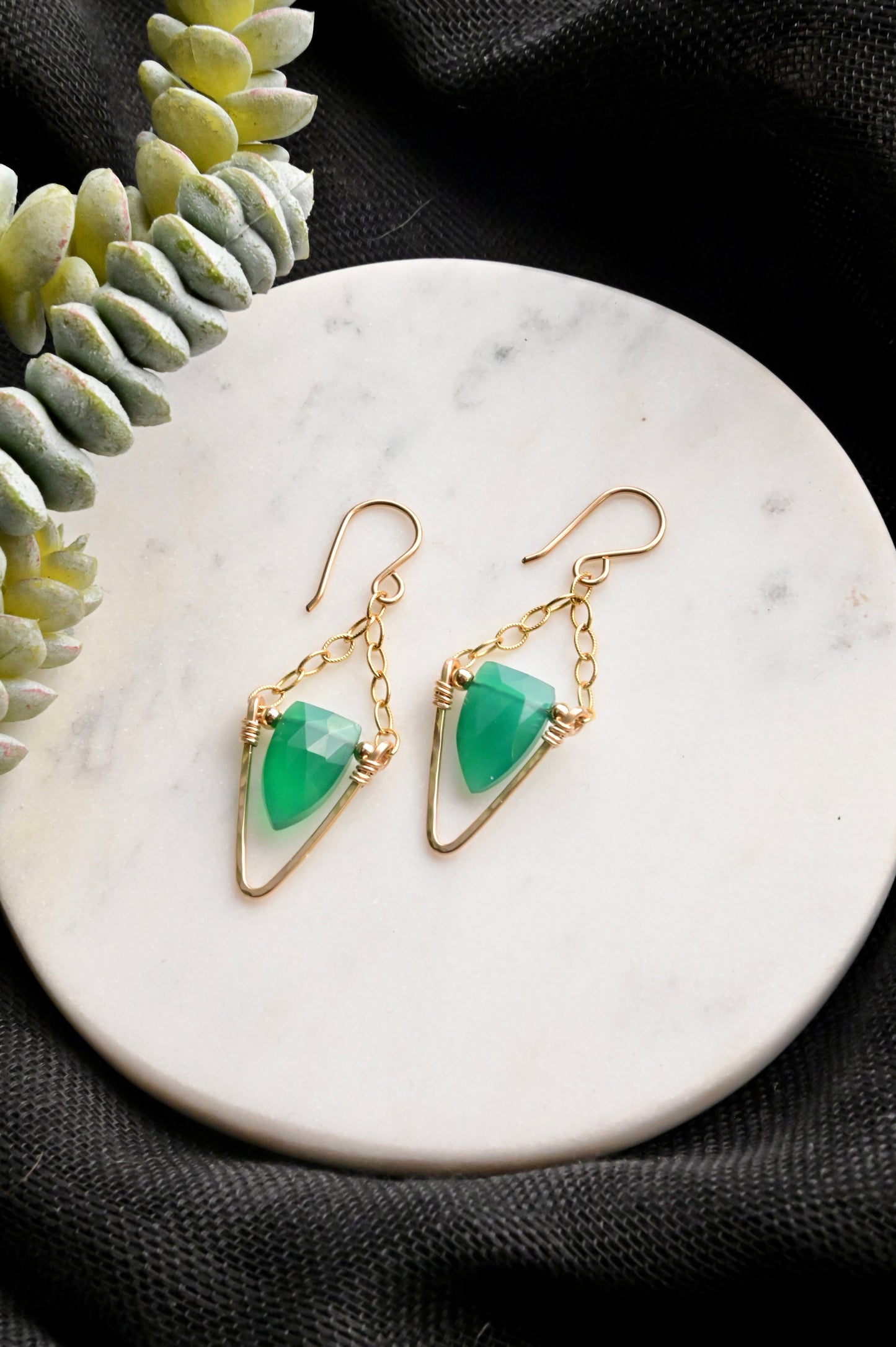 Hammered Hoops: Green Onyx + Gold Earrings