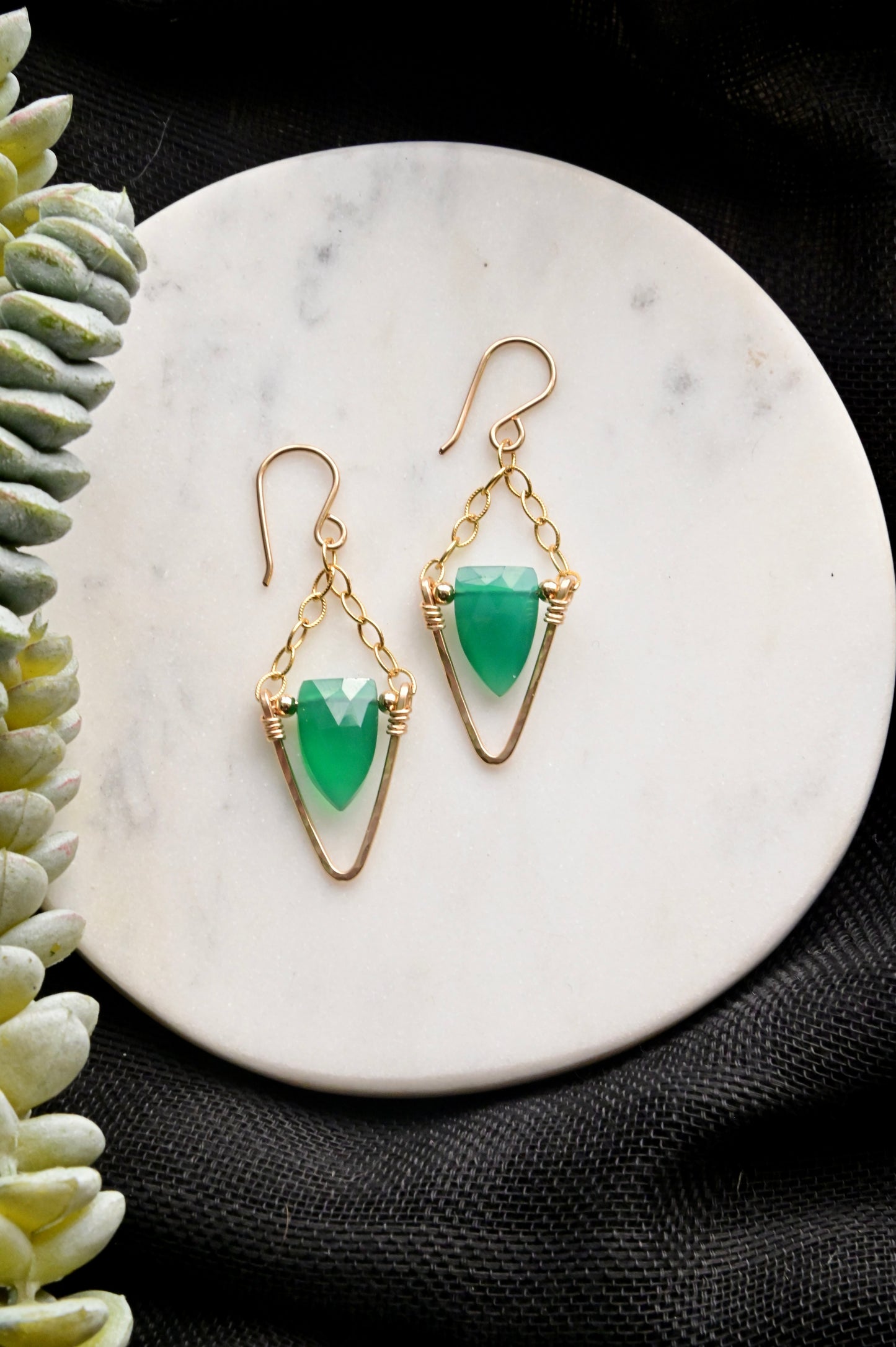 Hammered Hoops: Green Onyx + Gold Earrings