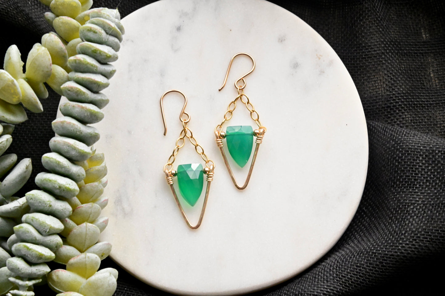 Hammered Hoops: Green Onyx + Gold Earrings