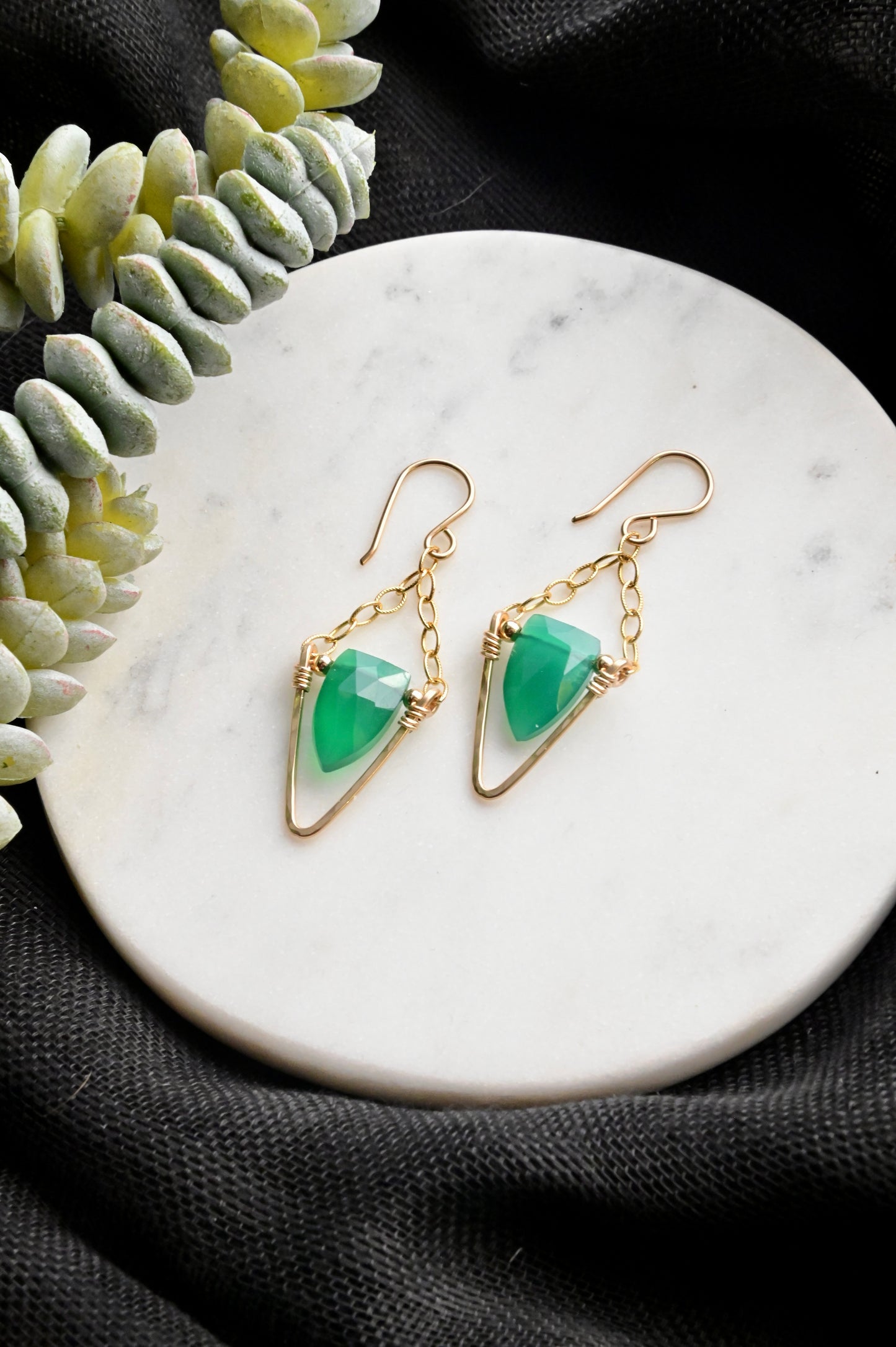 Hammered Hoops: Green Onyx + Gold Earrings