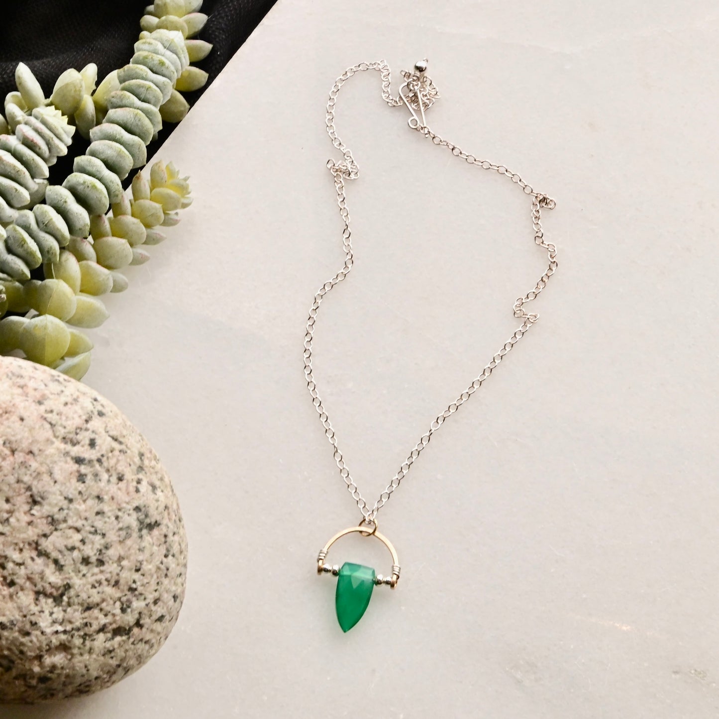 Hammered Hoops: Green Onyx + Mixed Metals Necklace