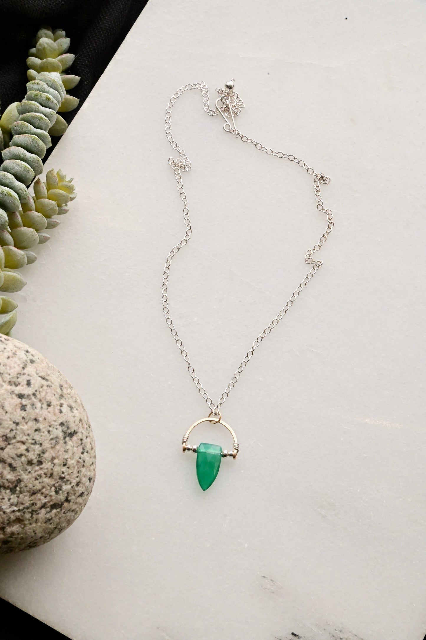 Hammered Hoops: Green Onyx + Mixed Metals Necklace