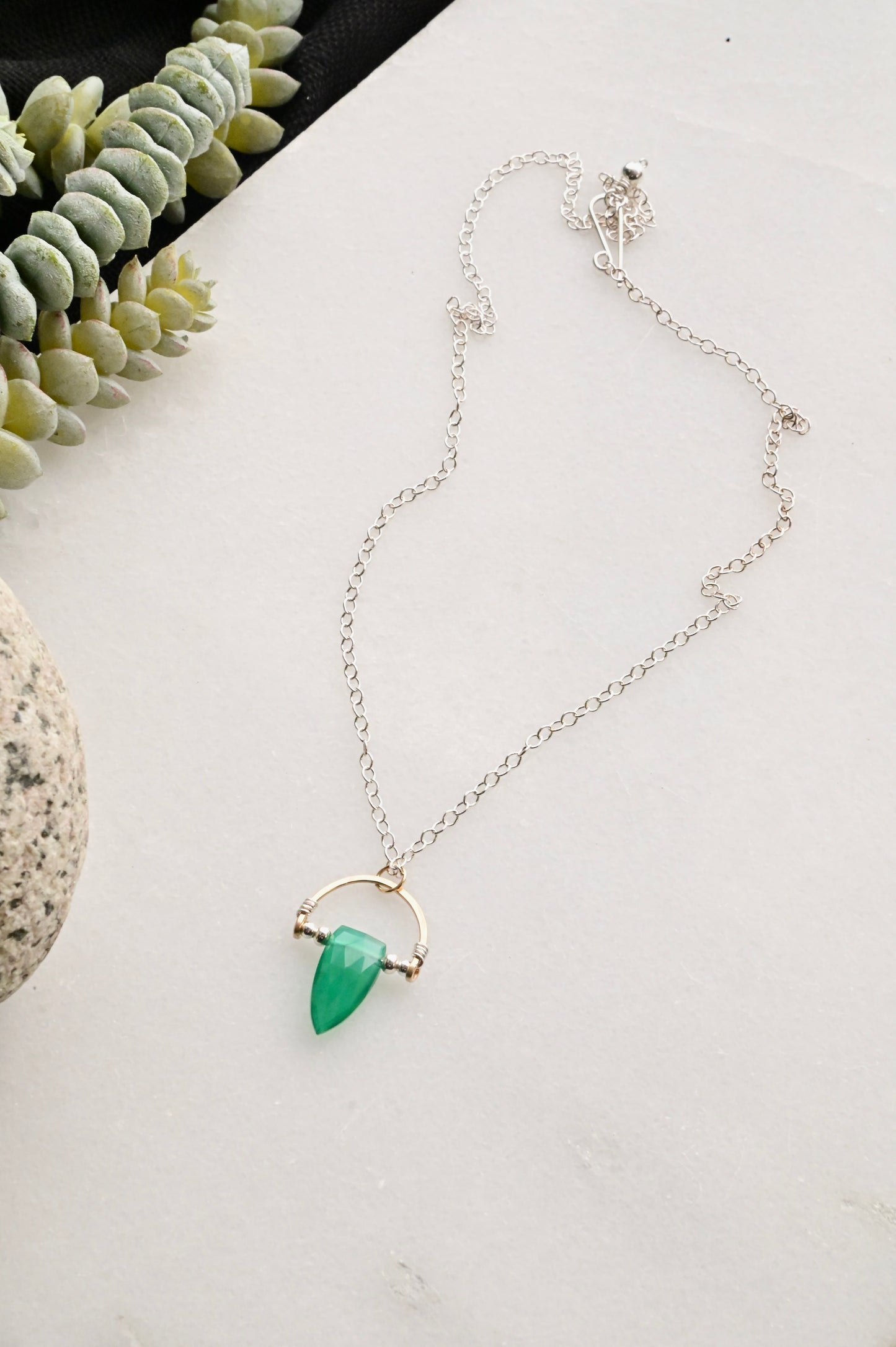 Hammered Hoops: Green Onyx + Mixed Metals Necklace