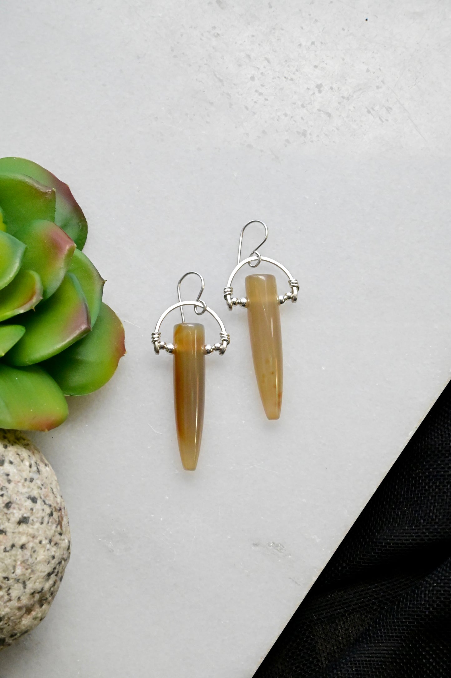 Hammered Hoops: Agate + Silver Earrings