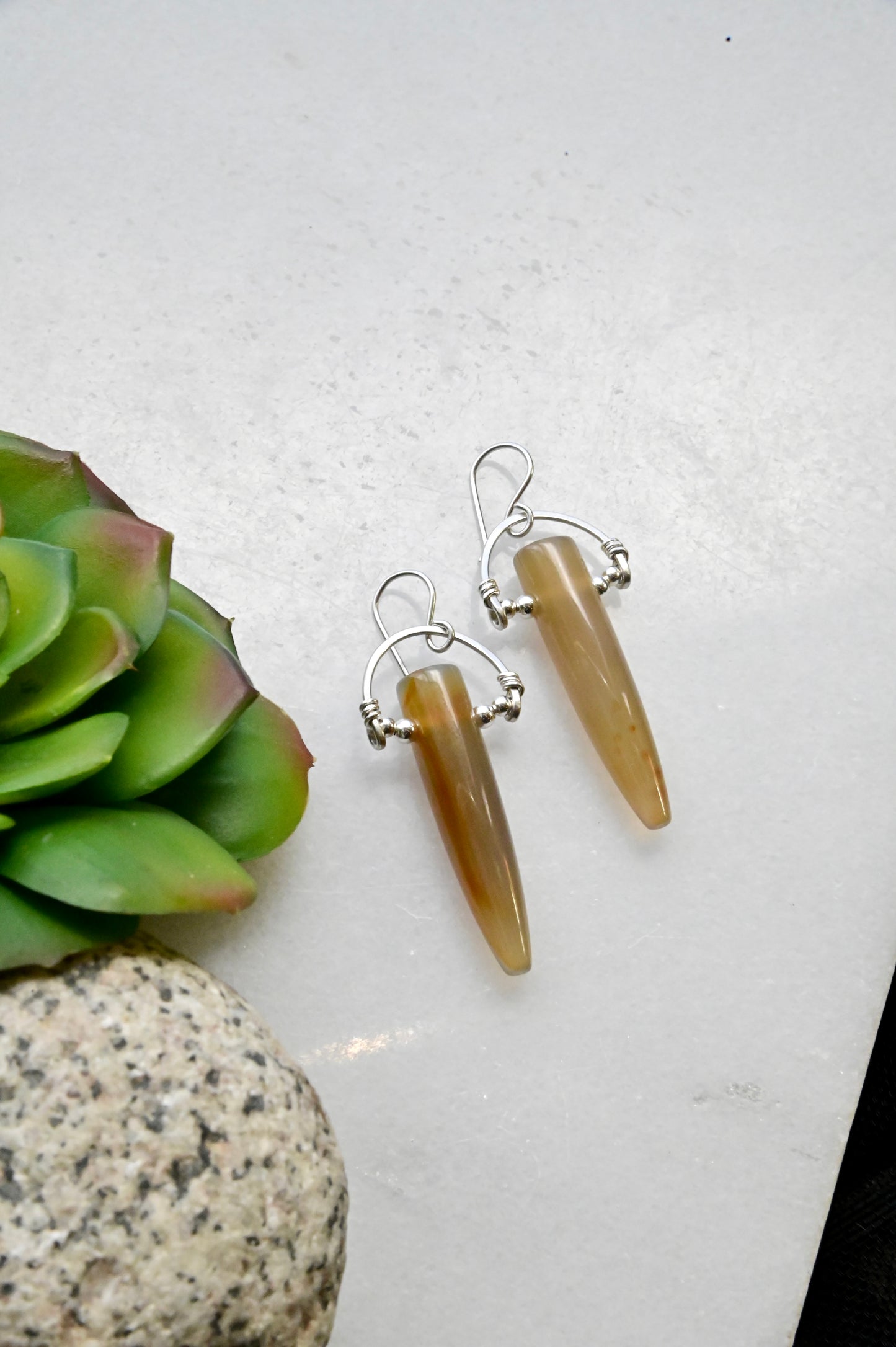 Hammered Hoops: Agate + Silver Earrings