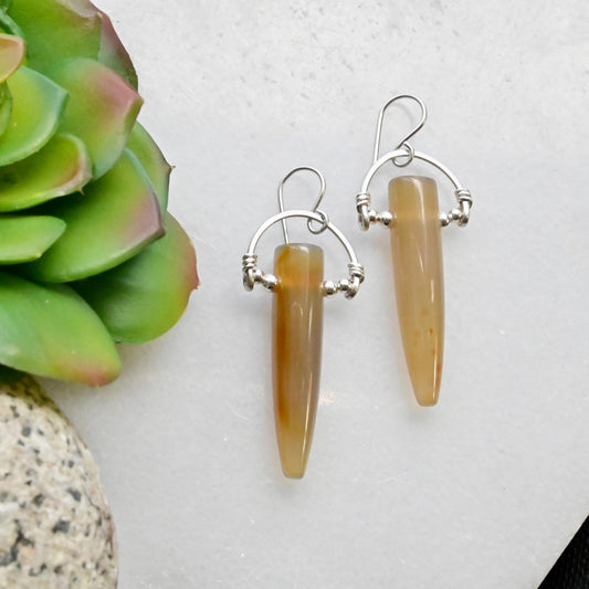 Hammered Hoops: Agate + Silver Earrings
