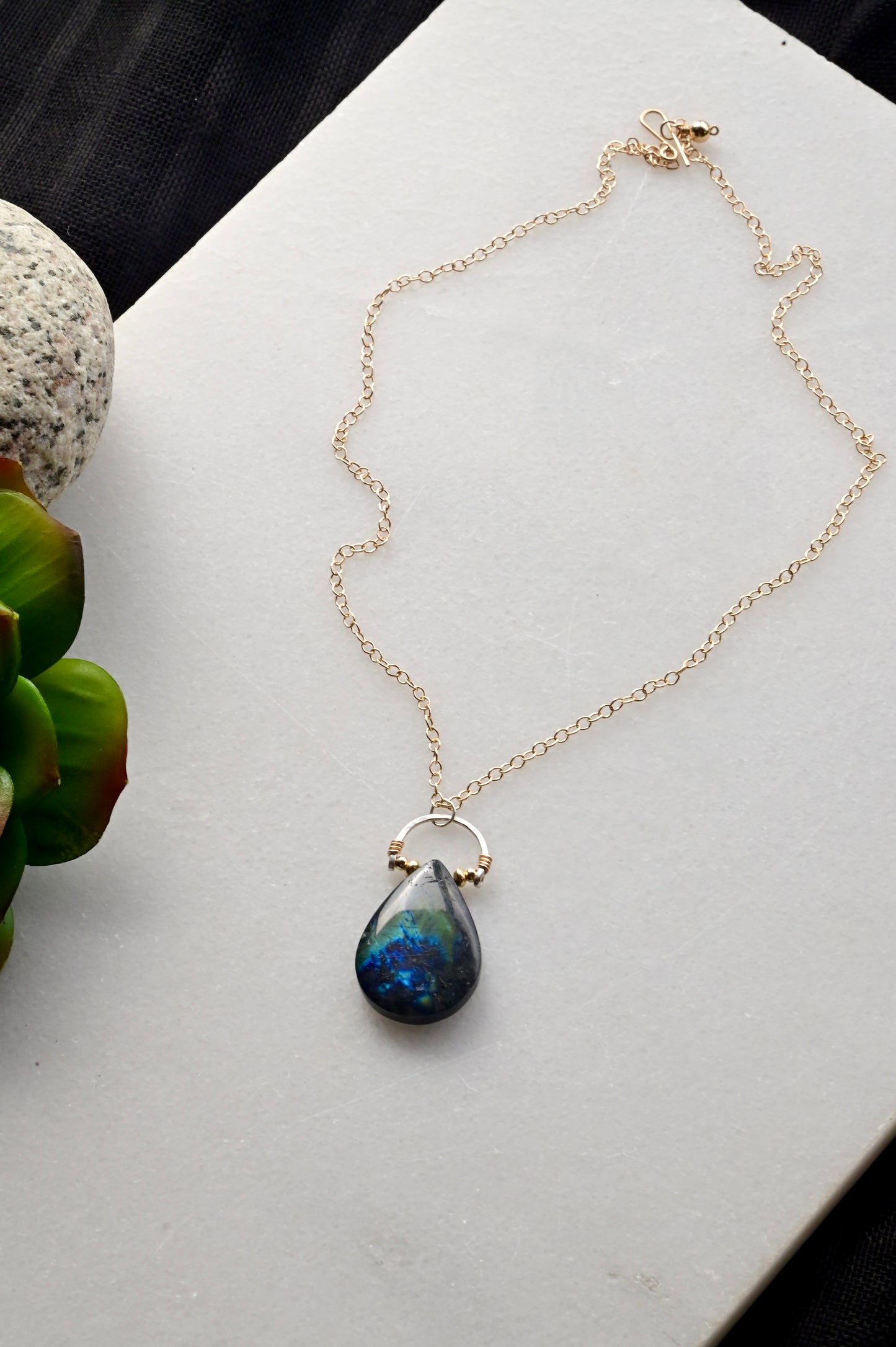 Hammered Hoops: Spectrolite + Mixed Metals Necklace