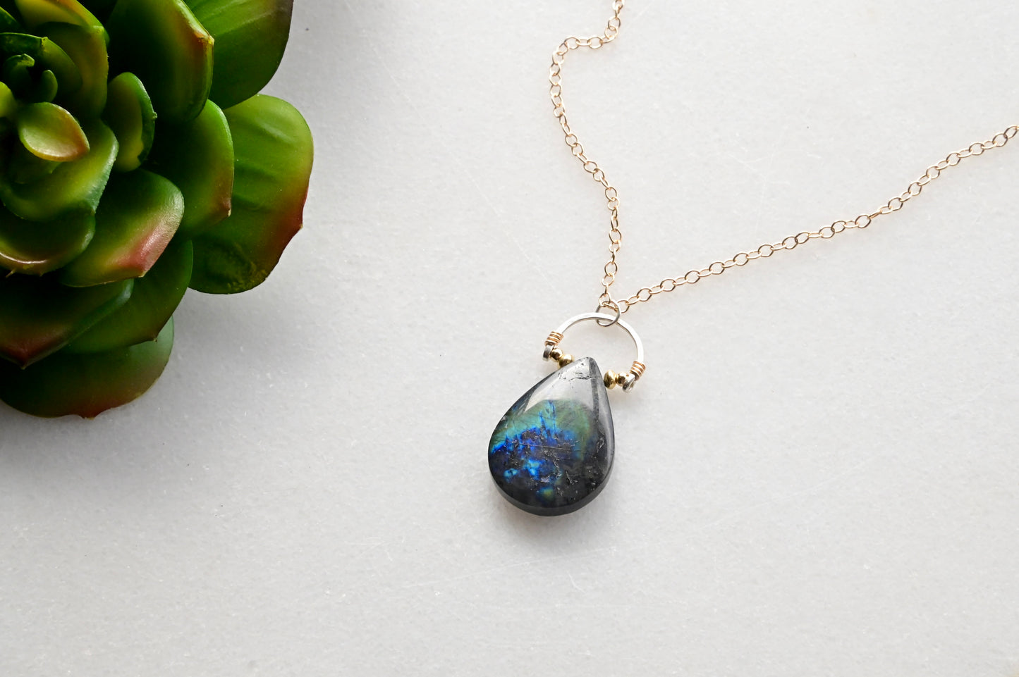 Hammered Hoops: Spectrolite + Mixed Metals Necklace