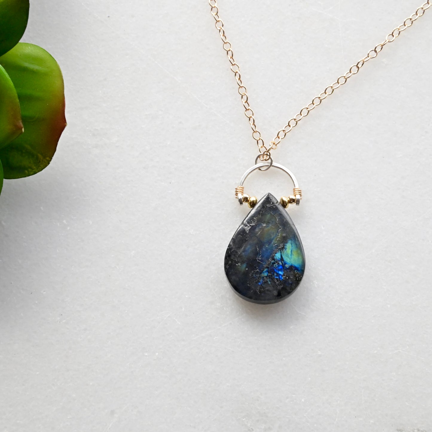 Hammered Hoops: Spectrolite + Mixed Metals Necklace