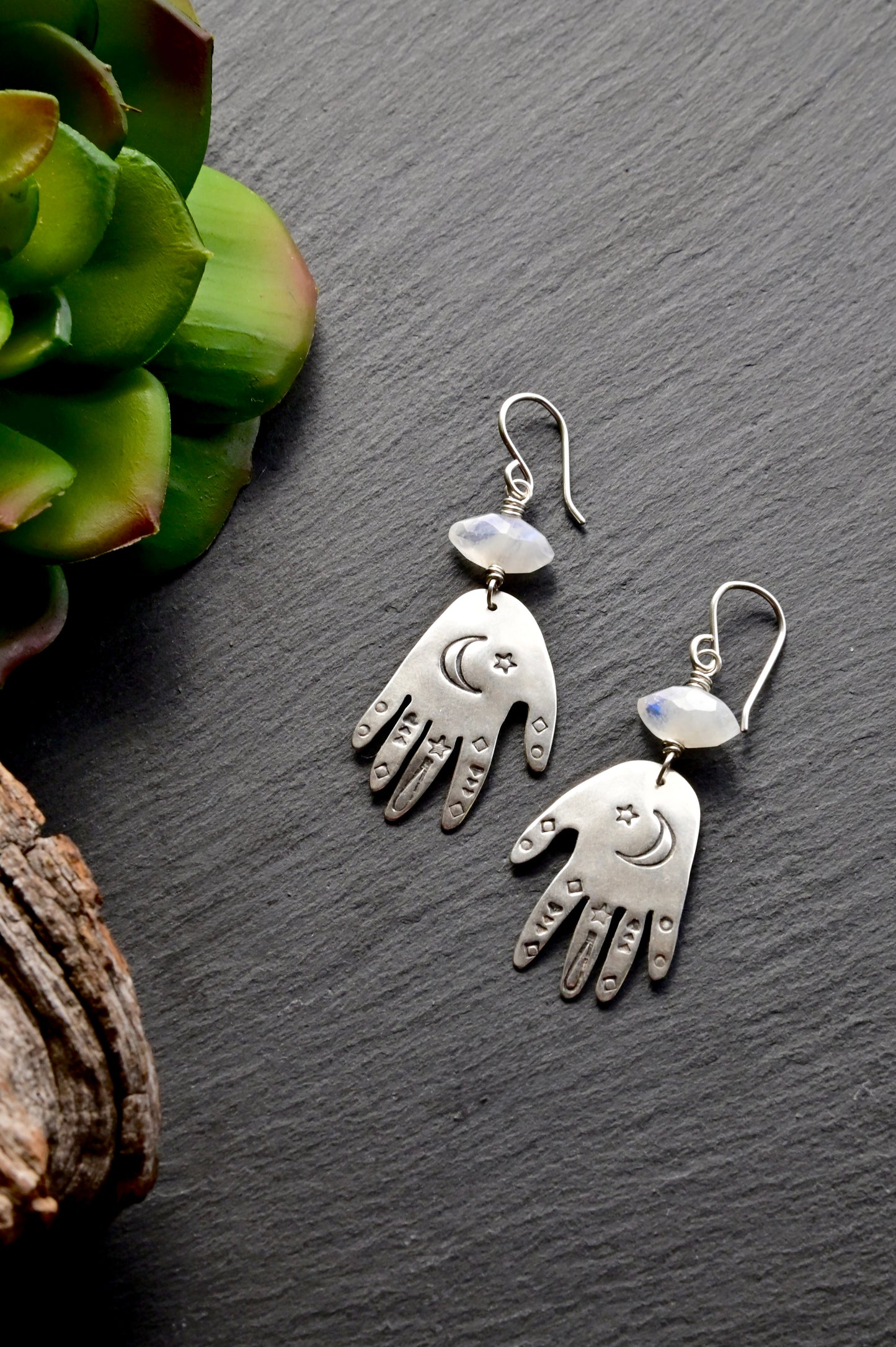 Silver Elements: Moonstone Hand Earrings