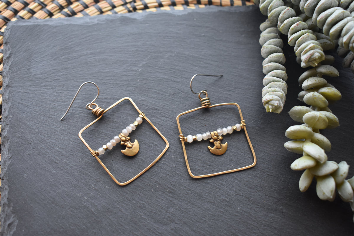 Hammered Hoops: Moonstone + Brass Earrings