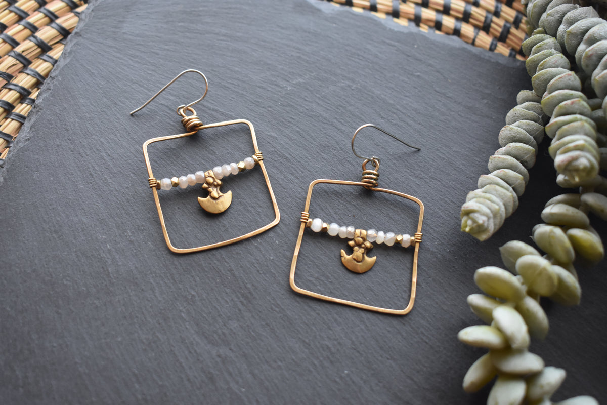 Hammered Hoops: Moonstone + Brass Earrings