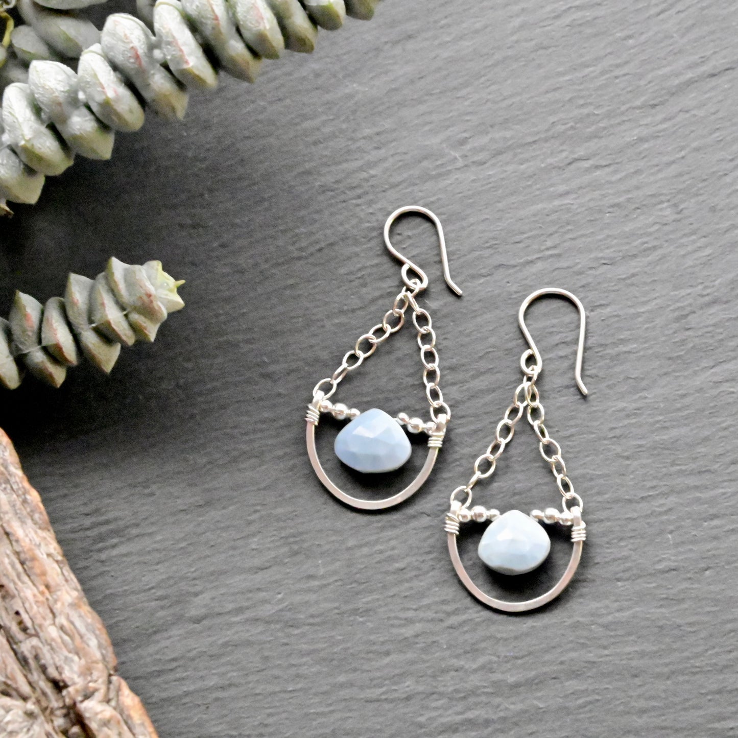 Hammered Hoops: Blue Opal + Silver Earrings