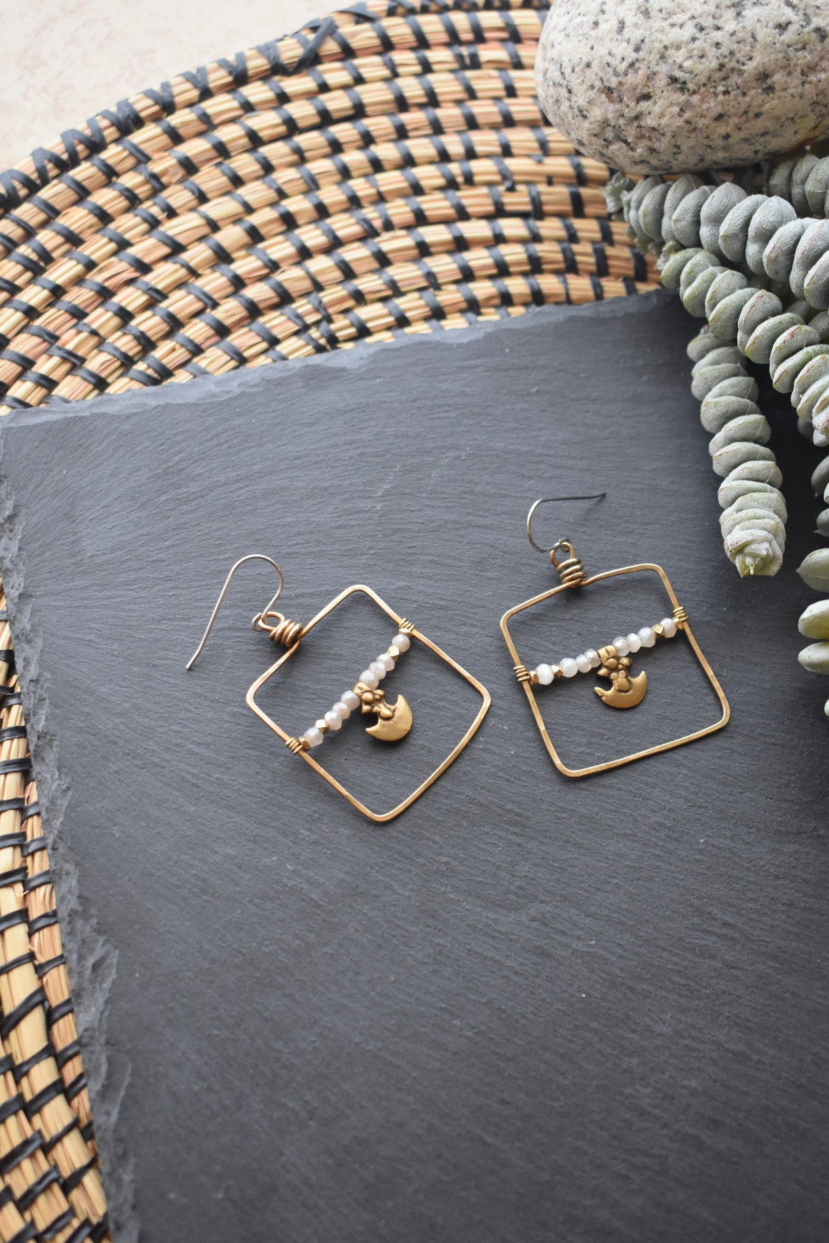 Hammered Hoops: Moonstone + Brass Earrings