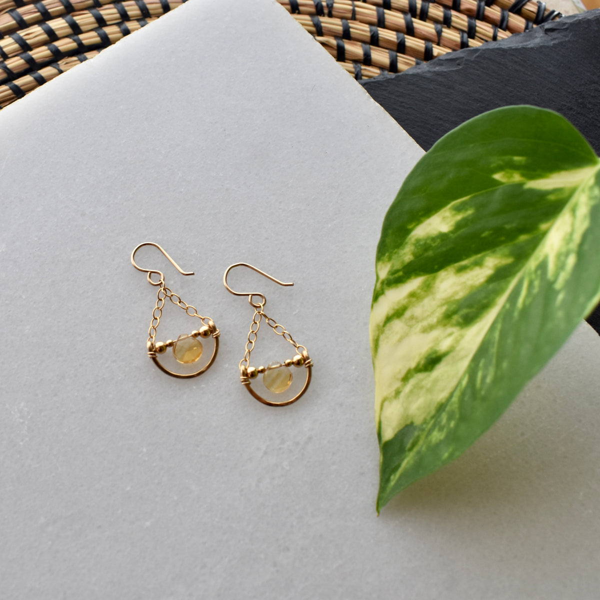 Hammered Hoops: Citrine + Gold Earrings