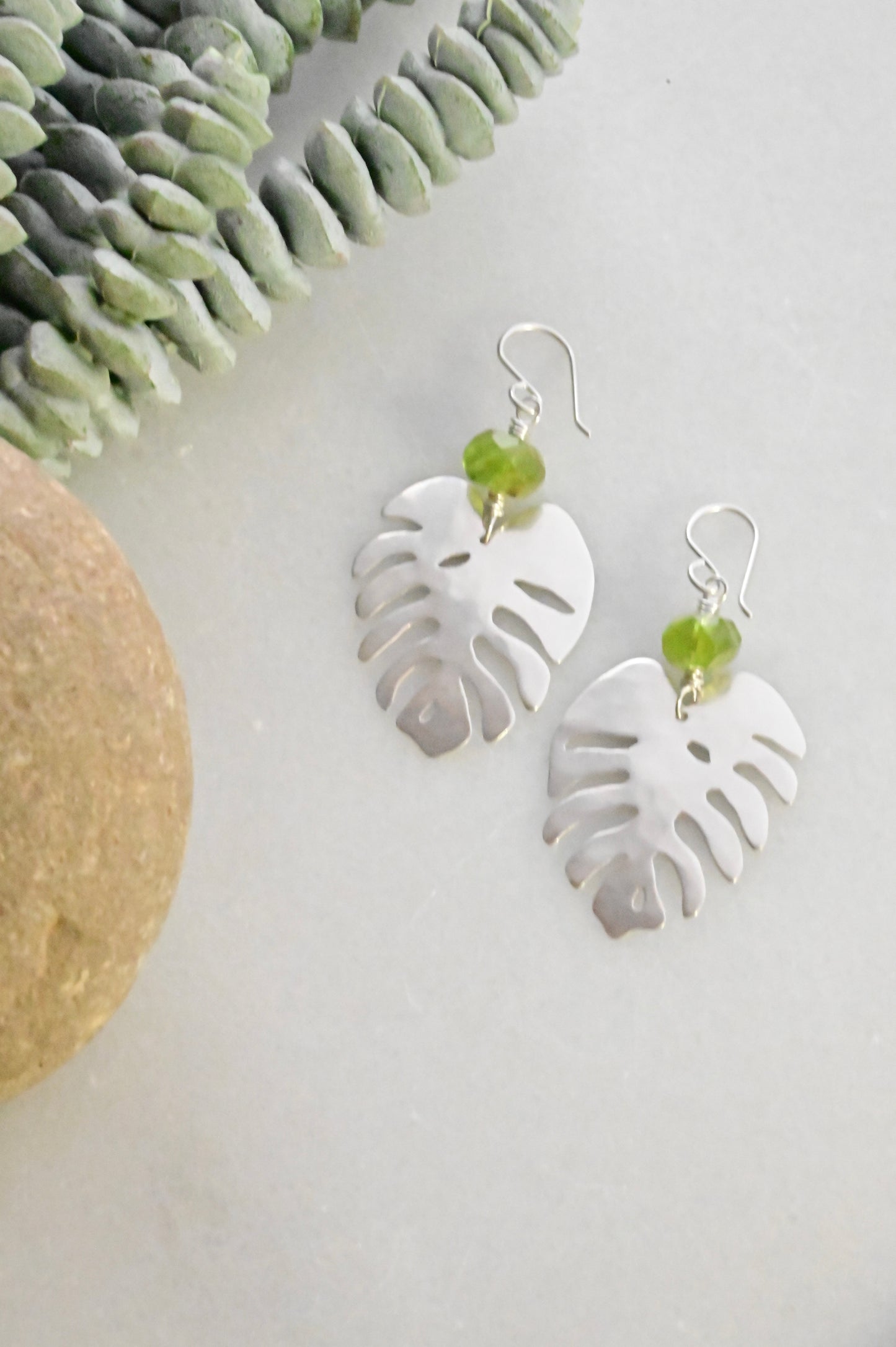 Silver Elements: Peridot Monstera Earrings