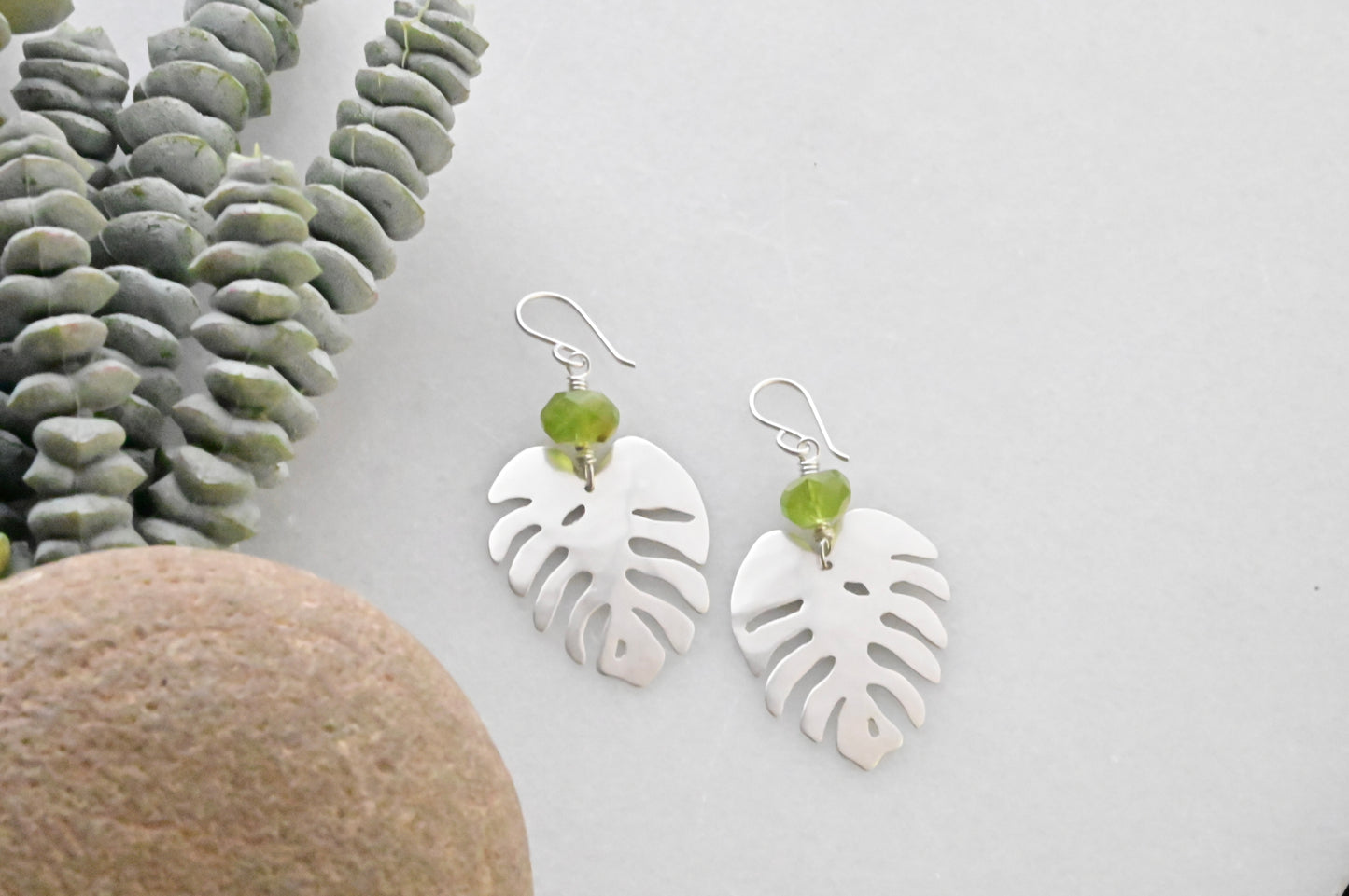 Silver Elements: Peridot Monstera Earrings