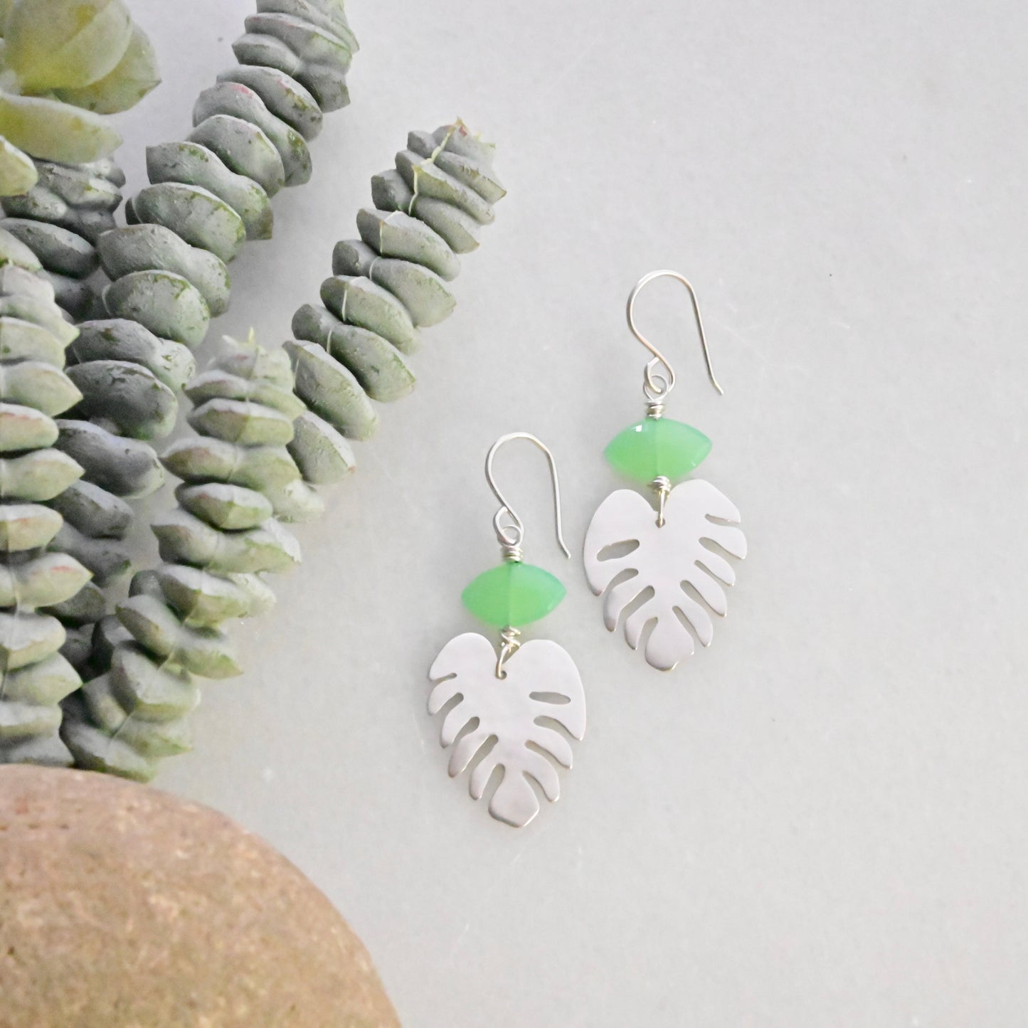 Silver Elements: Green Chalcedony Monstera Earrings