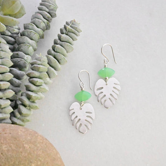 Silver Elements: Green Chalcedony Monstera Earrings