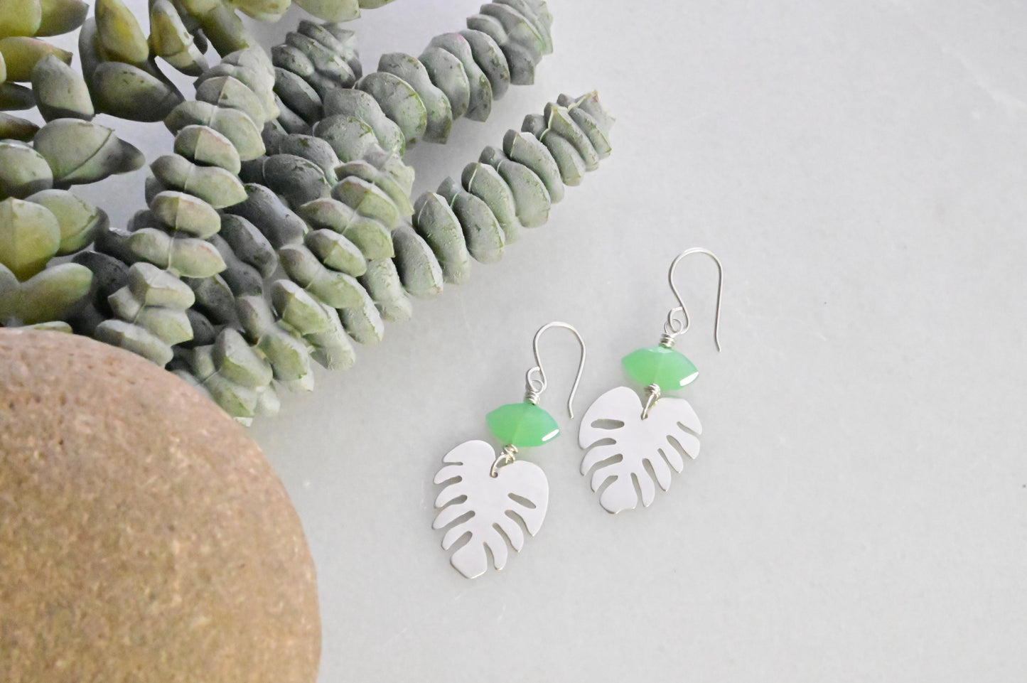 Silver Elements: Green Chalcedony Monstera Earrings