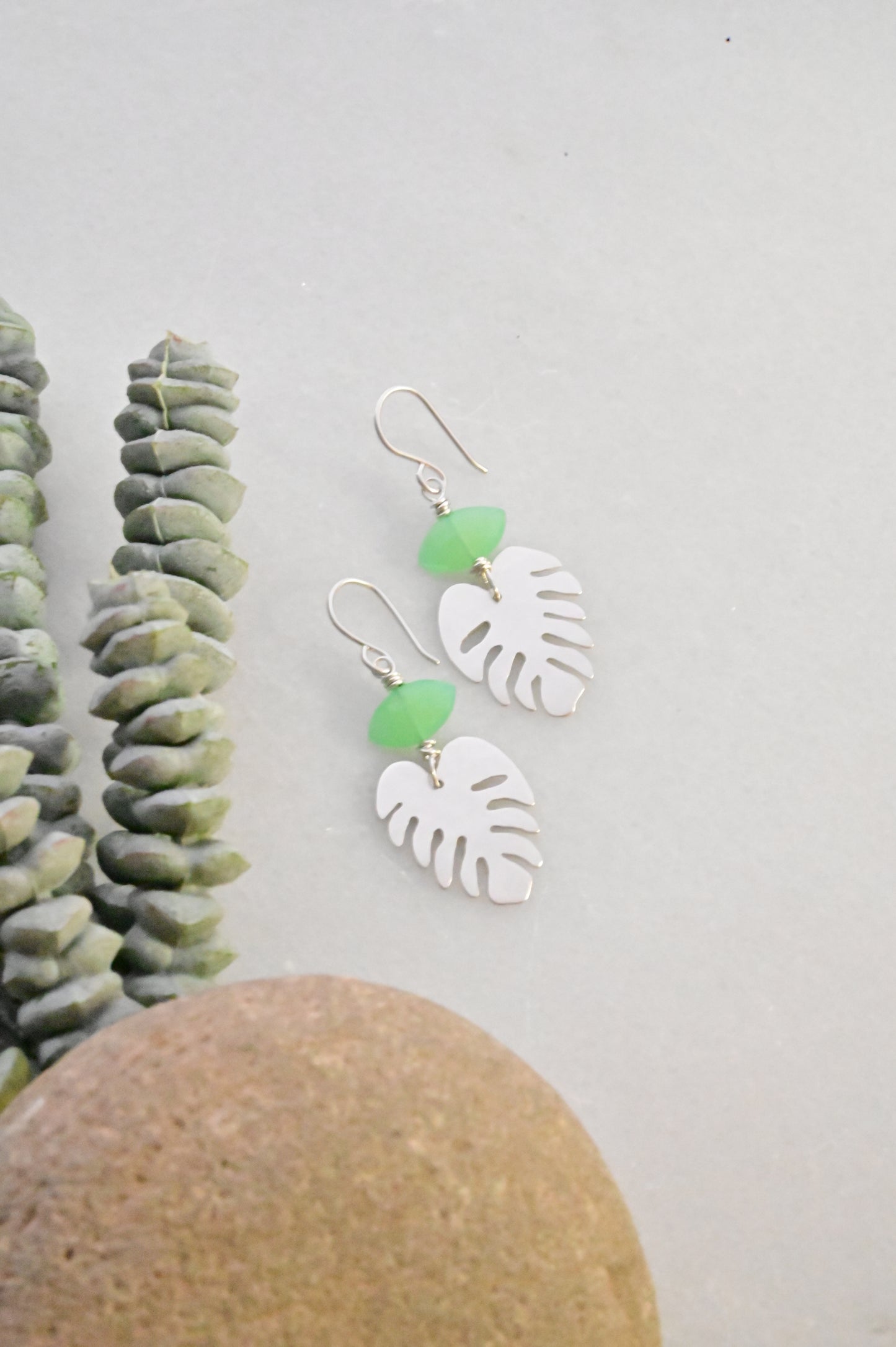 Silver Elements: Green Chalcedony Monstera Earrings
