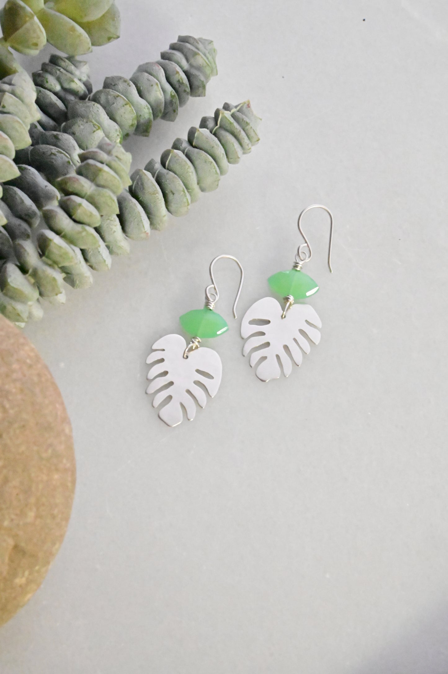 Silver Elements: Green Chalcedony Monstera Earrings