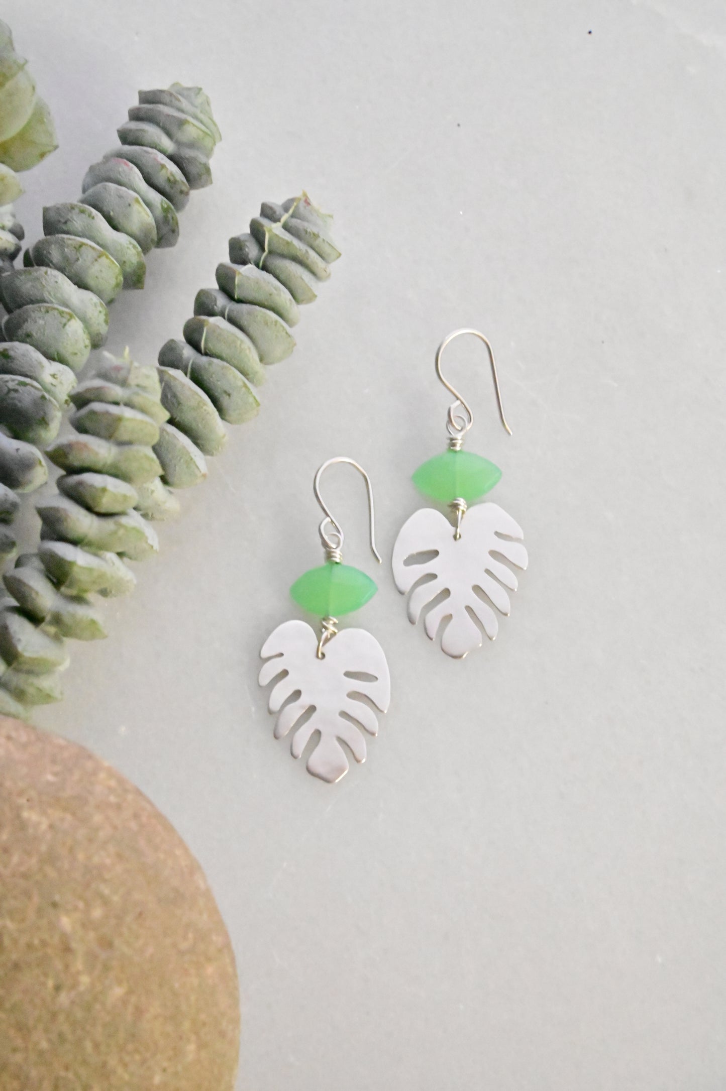 Silver Elements: Green Chalcedony Monstera Earrings