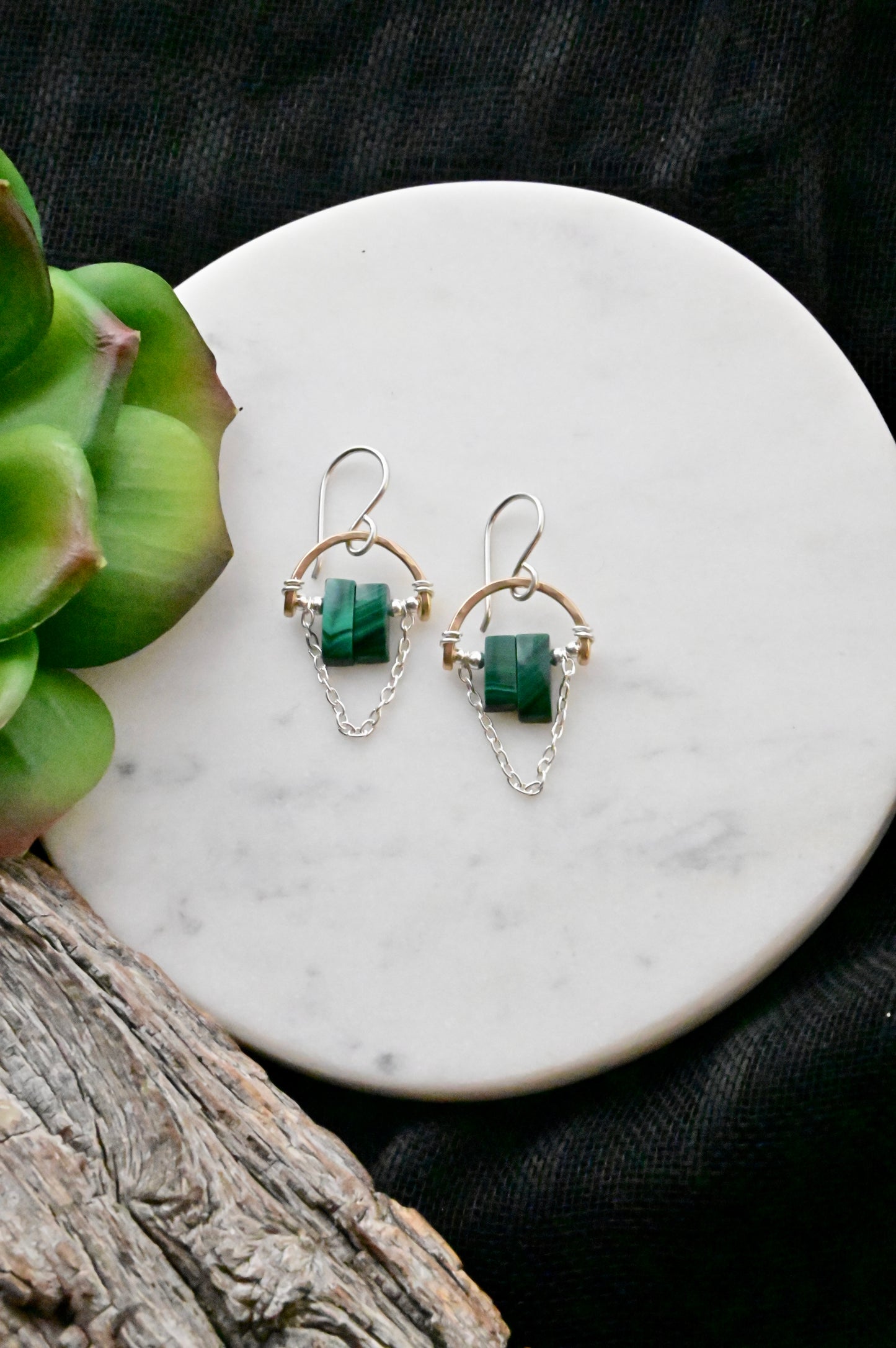Hammered Hoops: Malachite + Mixed Metals Earrings