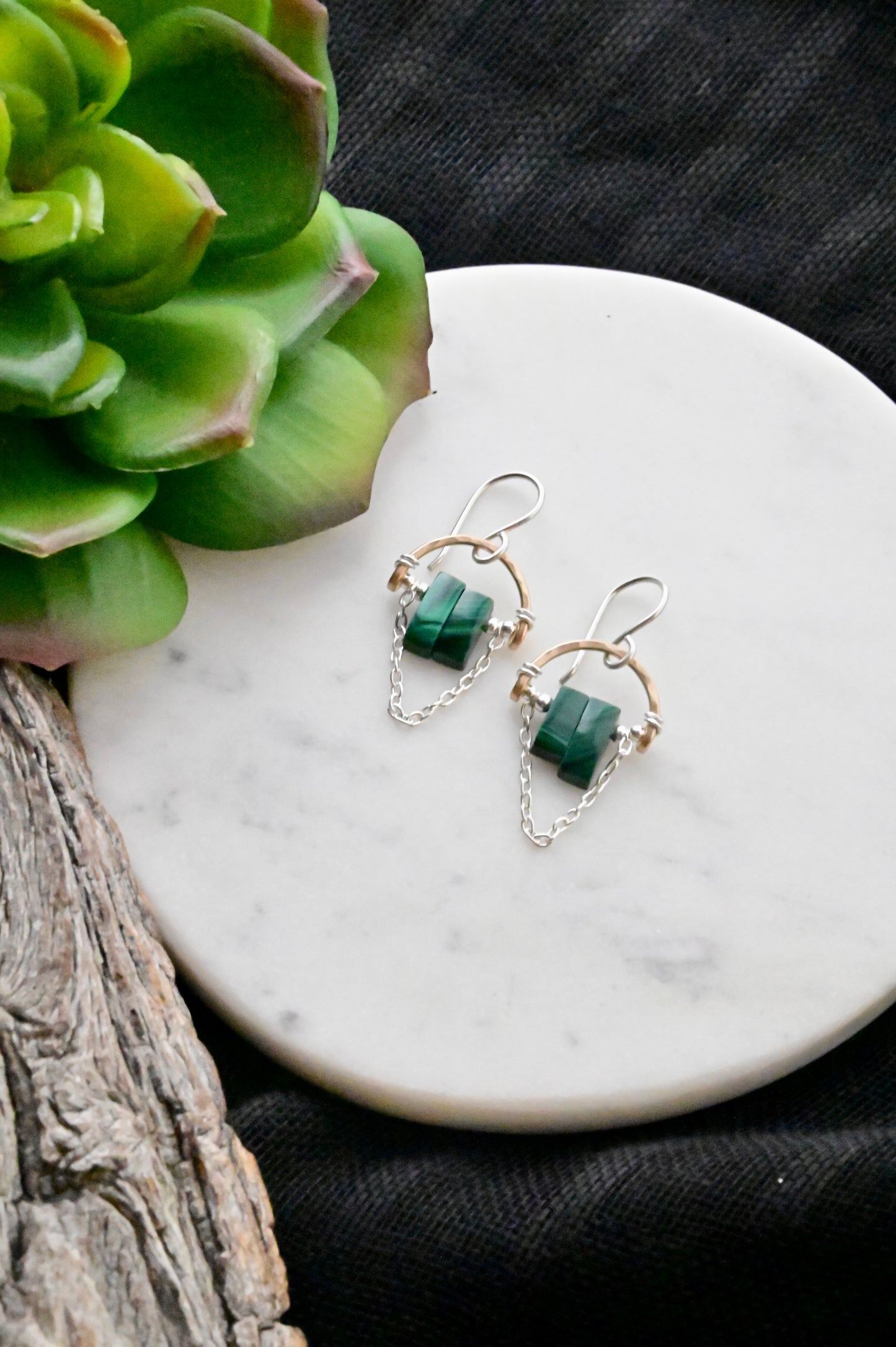Hammered Hoops: Malachite + Mixed Metals Earrings