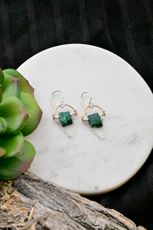 Hammered Hoops: Malachite + Mixed Metals Earrings