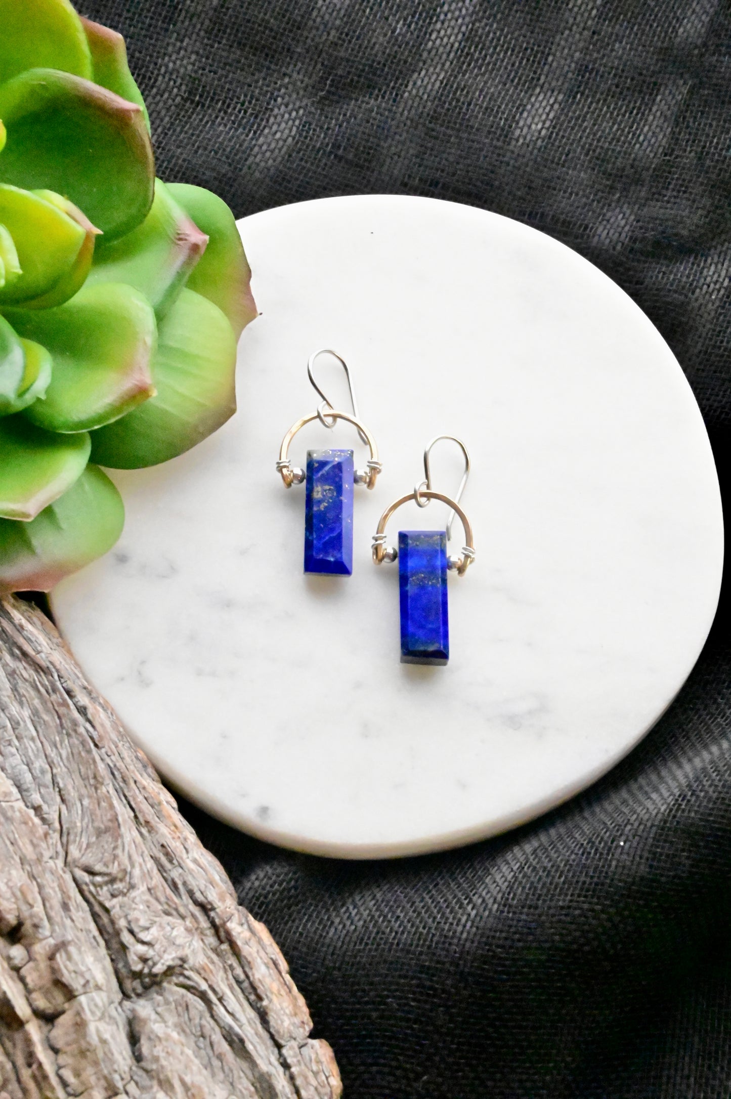 Hammered Hoops: Lapis Lazuli + Mixed Metals Earrings