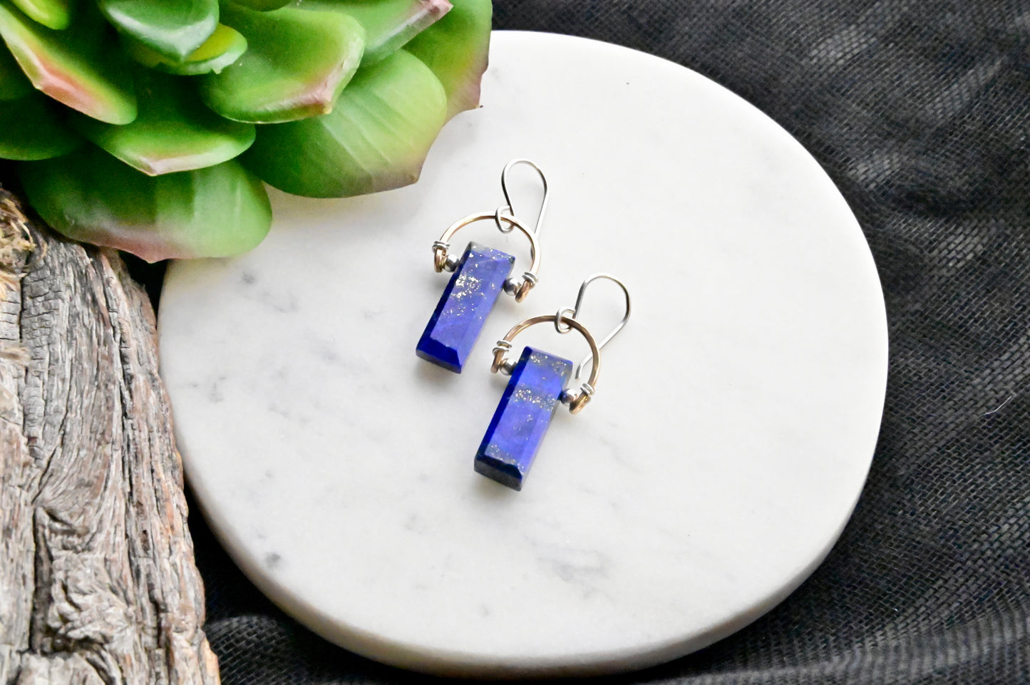 Hammered Hoops: Lapis Lazuli + Mixed Metals Earrings