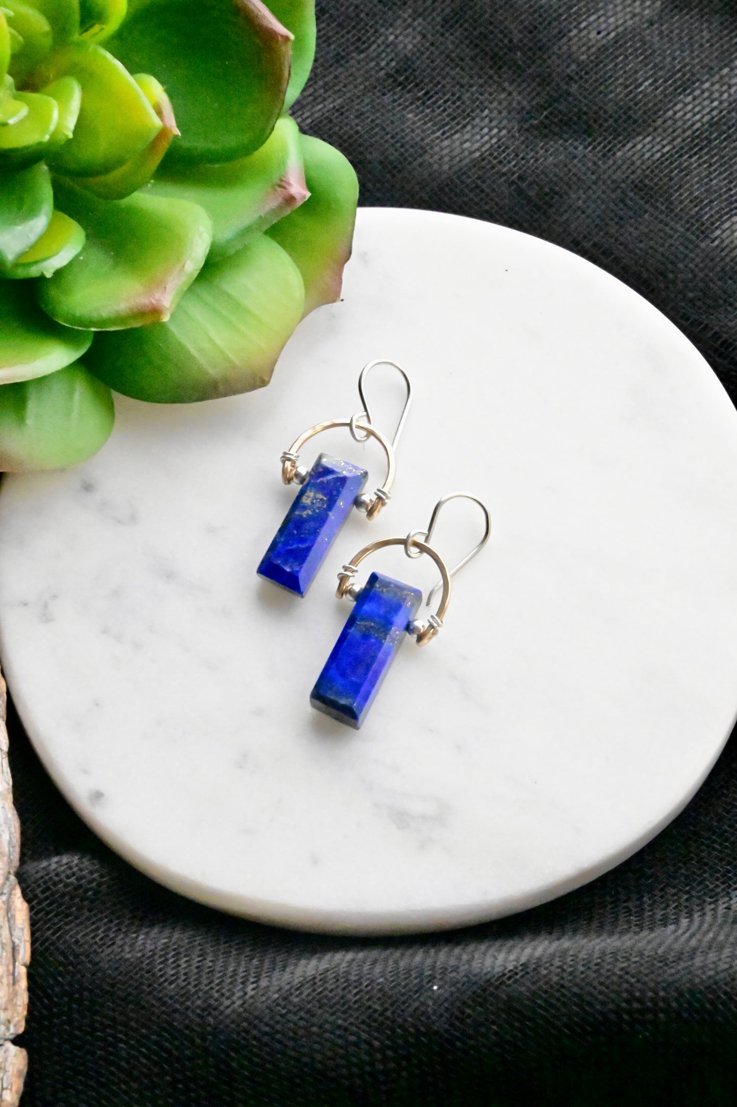 Hammered Hoops: Lapis Lazuli + Mixed Metals Earrings