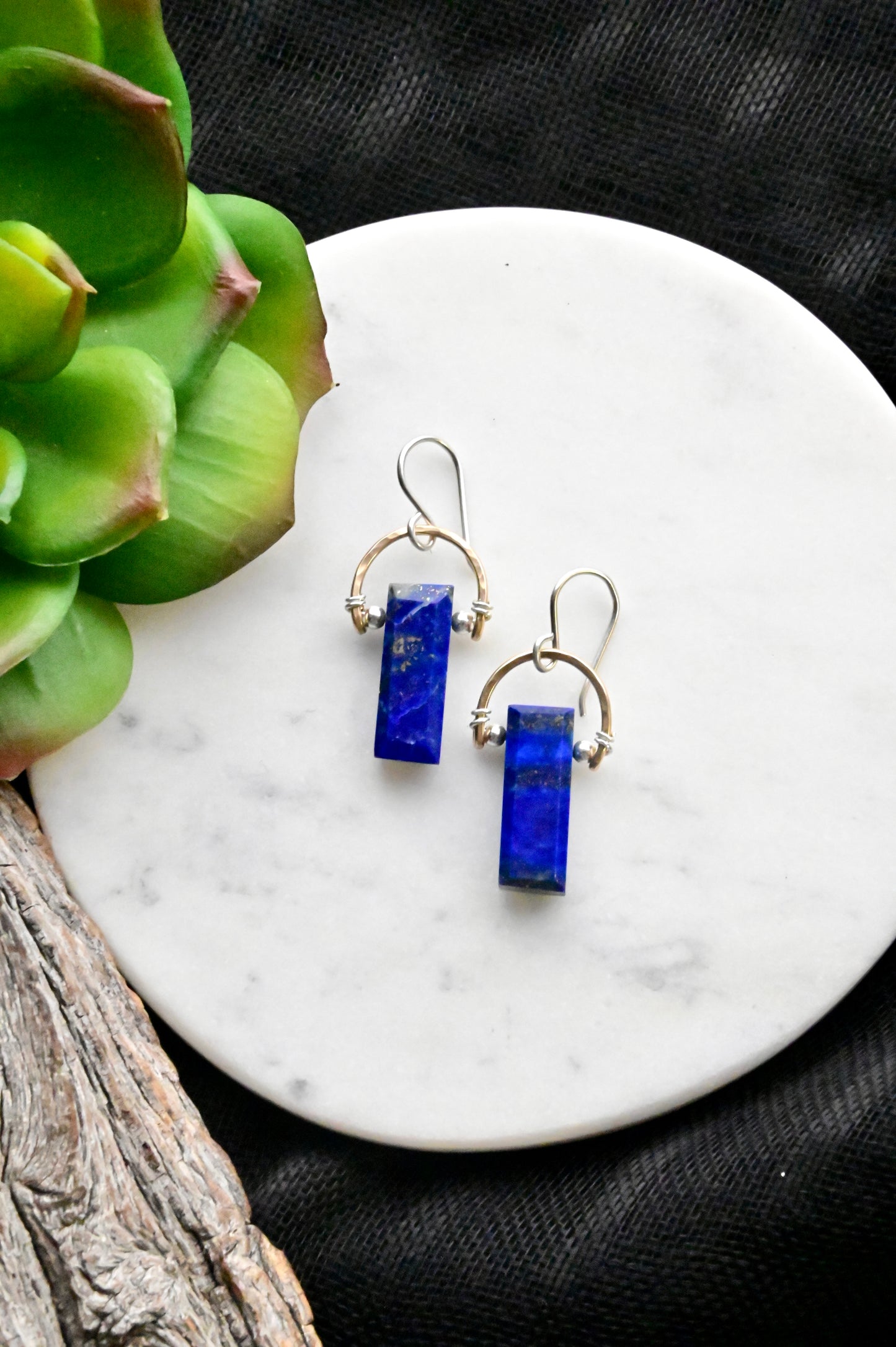 Hammered Hoops: Lapis Lazuli + Mixed Metals Earrings