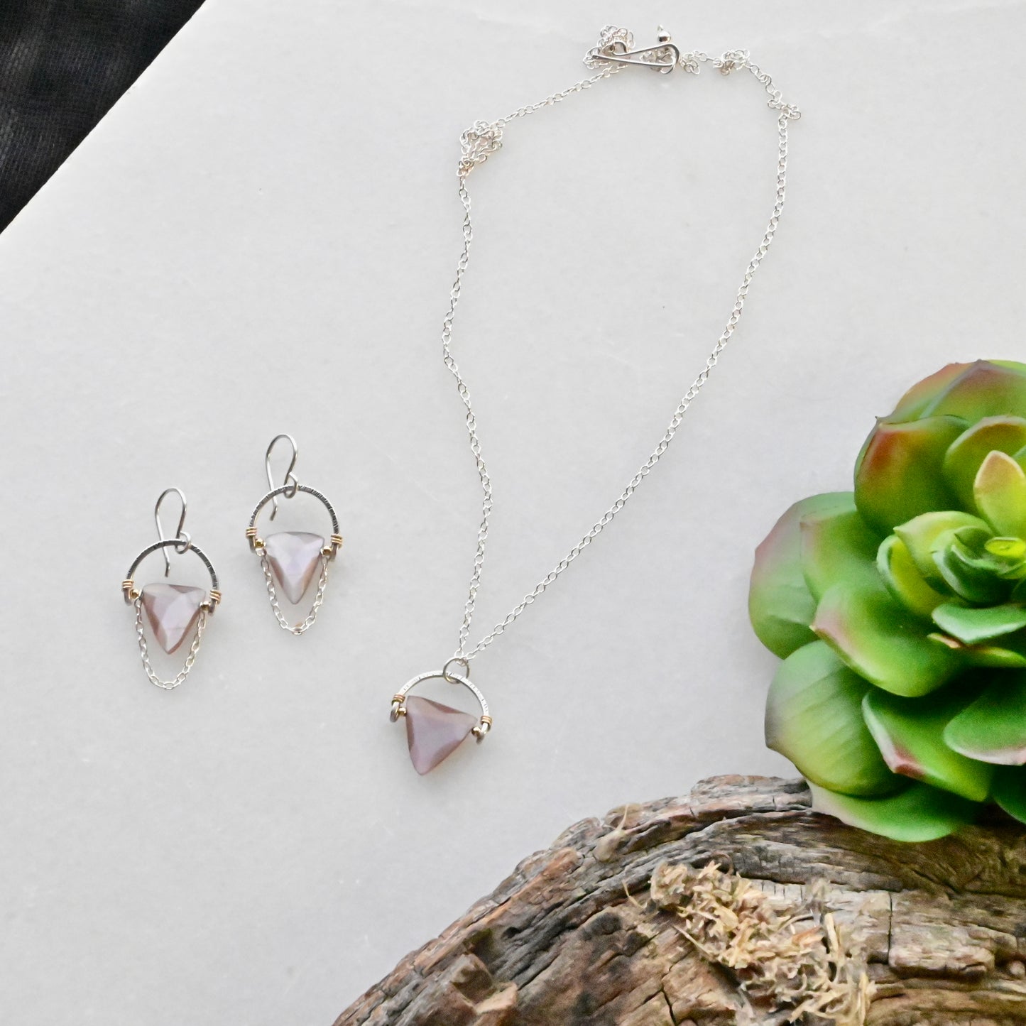 Hammered Hoops: Pink Moonstone + Silver Necklace & Earrings