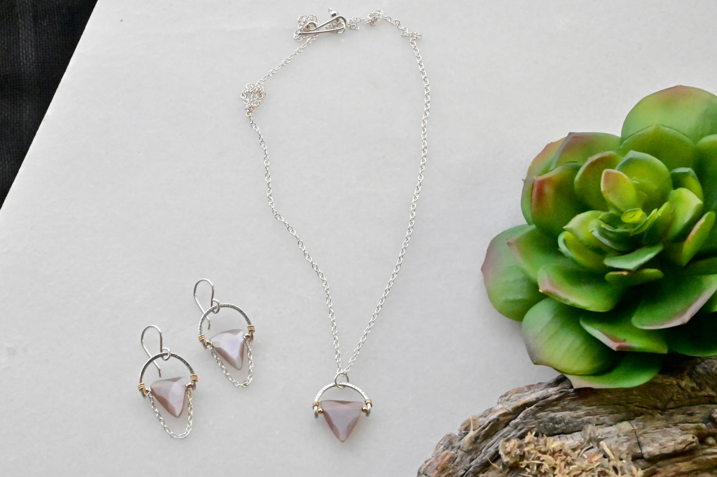 Hammered Hoops: Pink Moonstone + Silver Necklace & Earrings