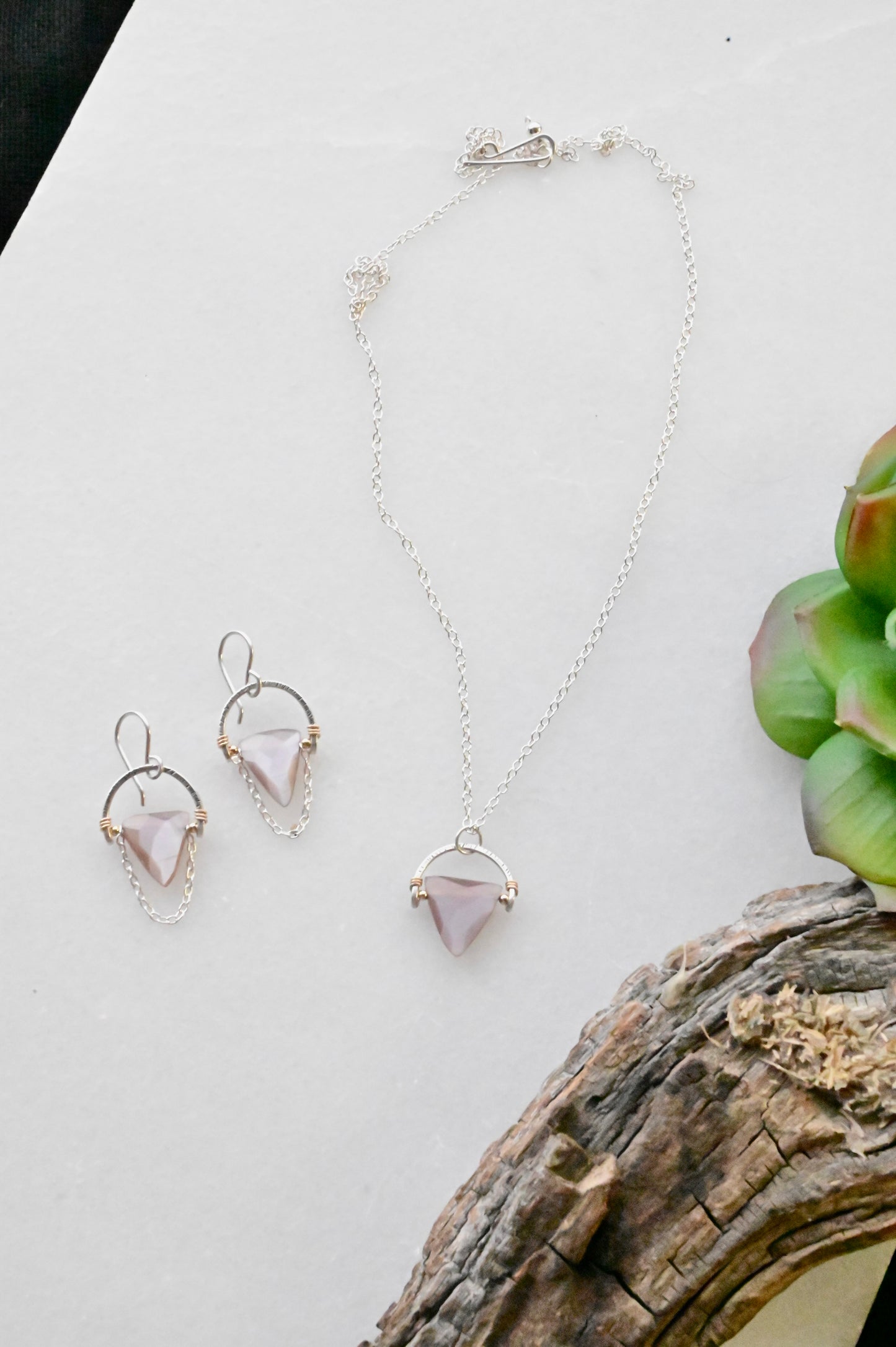 Hammered Hoops: Pink Moonstone + Silver Necklace & Earrings