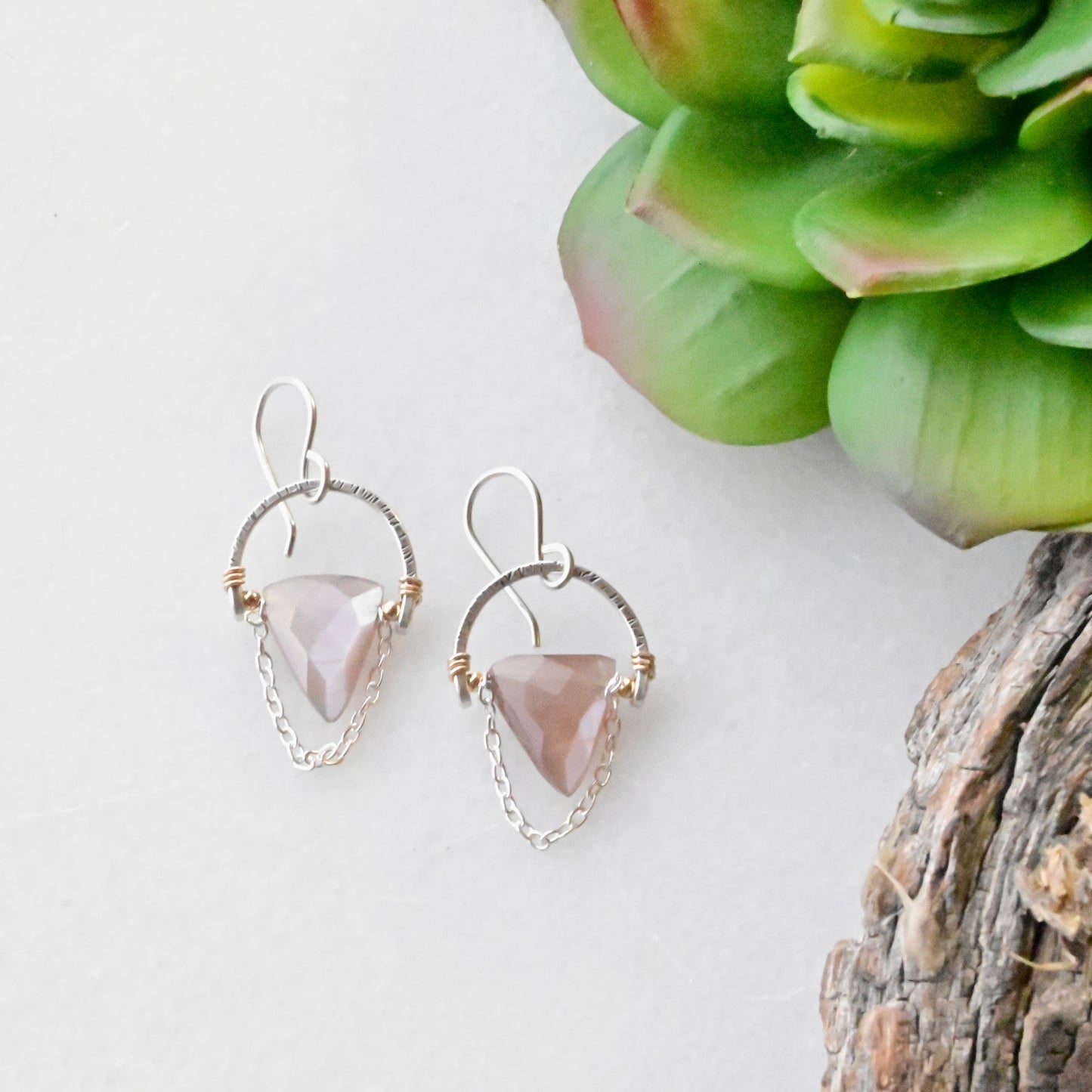 Hammered Hoops: Pink Moonstone + Silver Necklace & Earrings