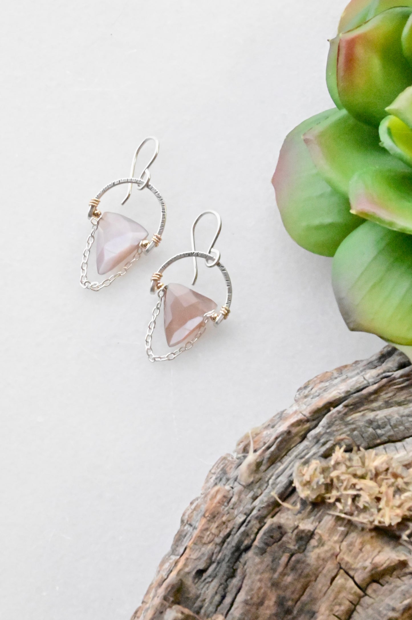 Hammered Hoops: Pink Moonstone + Silver Necklace & Earrings