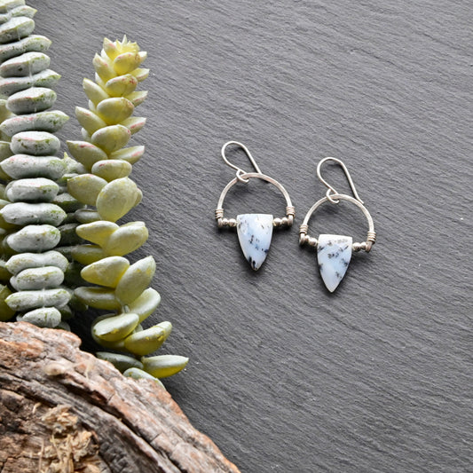 Hammered Hoops: Dendrite Opal + Silver Earrings